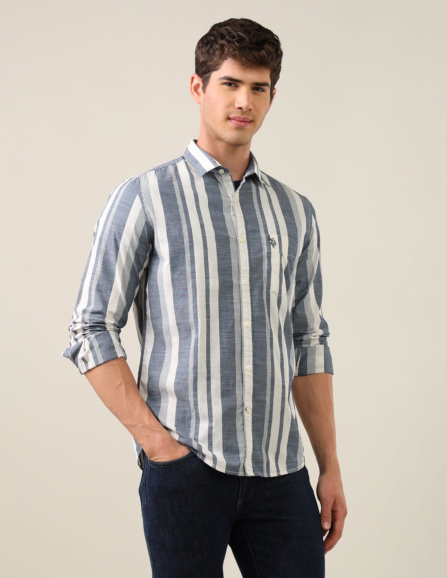 Vertical Striped Regular Fit Shirt Blue - U.S. Polo Assn. India | Large
