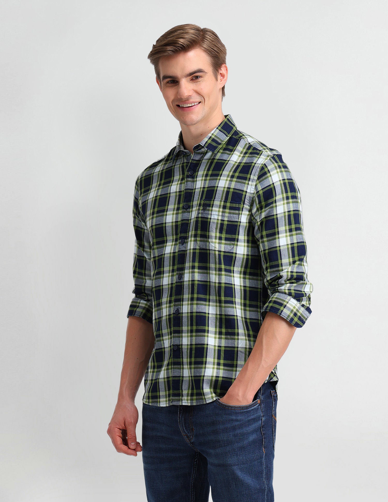 Tartan Checked Slim Fit Shirt Light Green - U.S. Polo Assn. India | Large