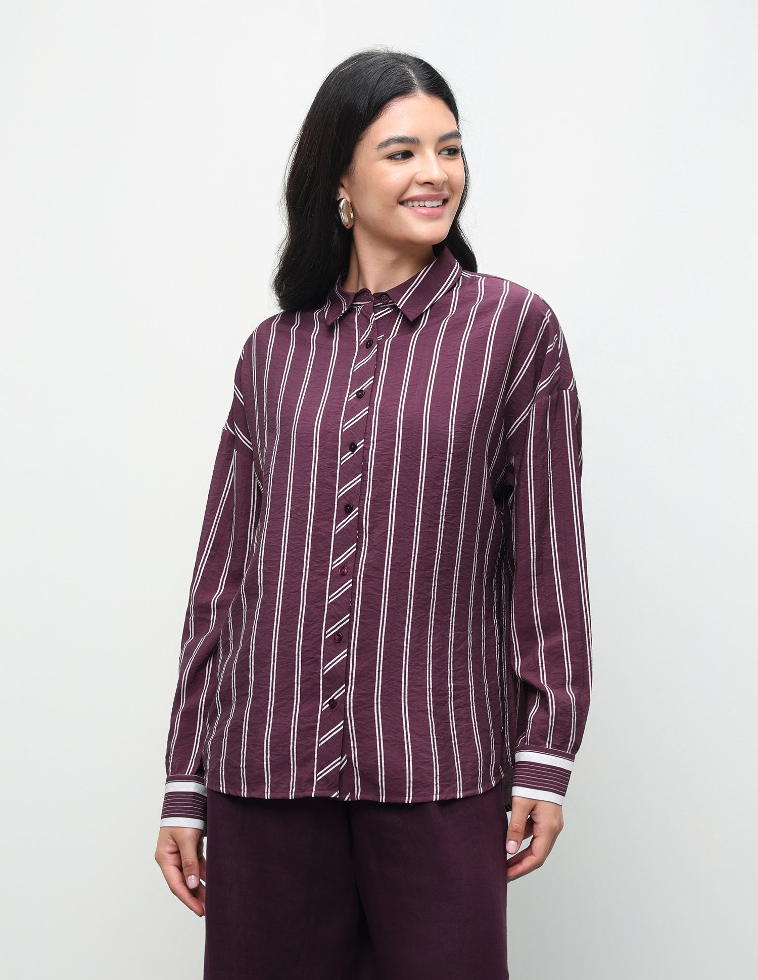 Vertical Striped Boyfriend Fit Shirt Wine - U.S. Polo Assn. India | Large