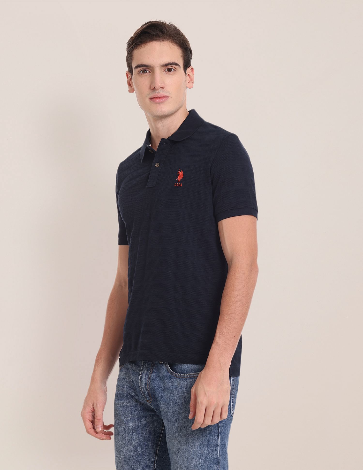 Horizontal Stripe Popcorn Polo Shirt Navy - U.S. Polo Assn. India | Large