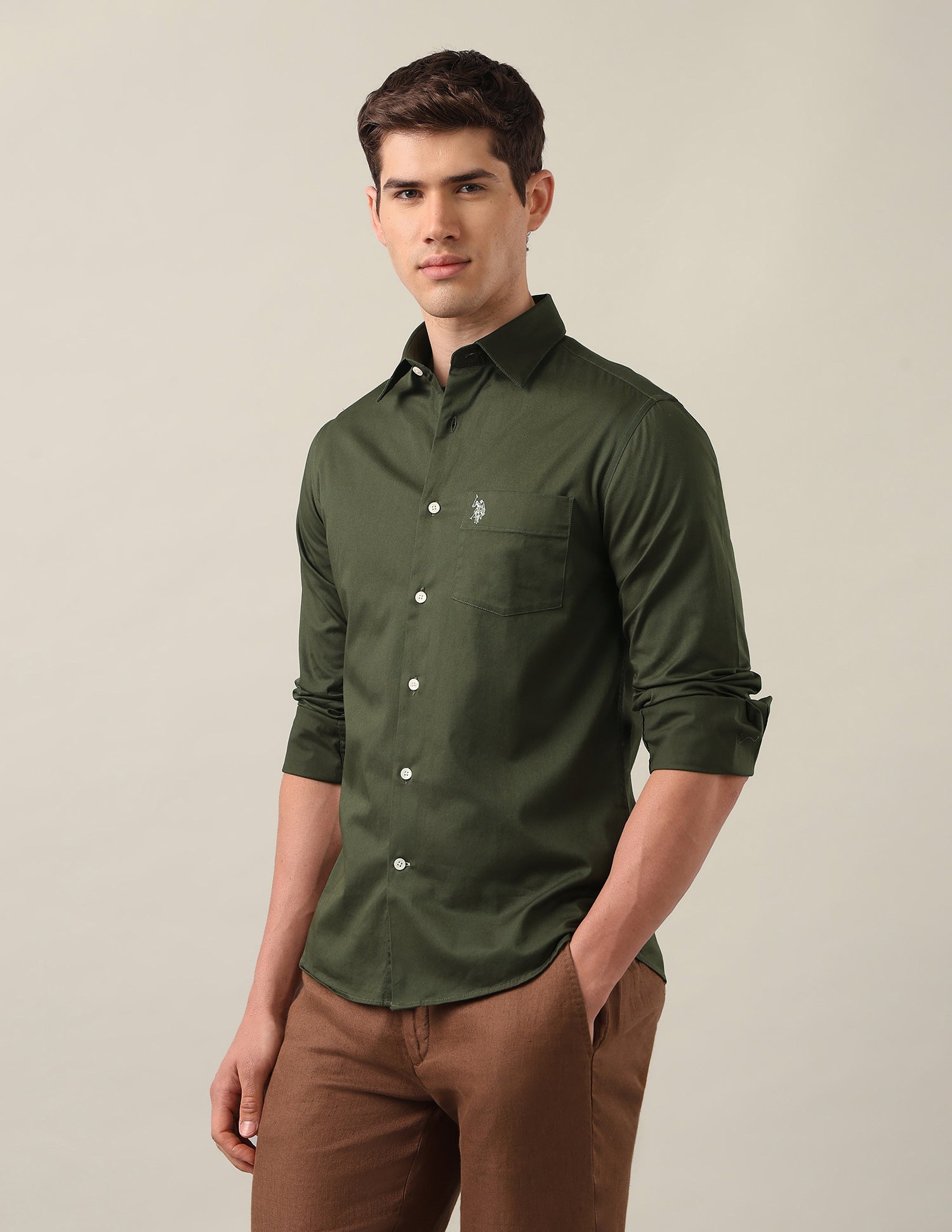 Twill Tailored Fit Shirt Olive - U.S. Polo Assn. India | Large