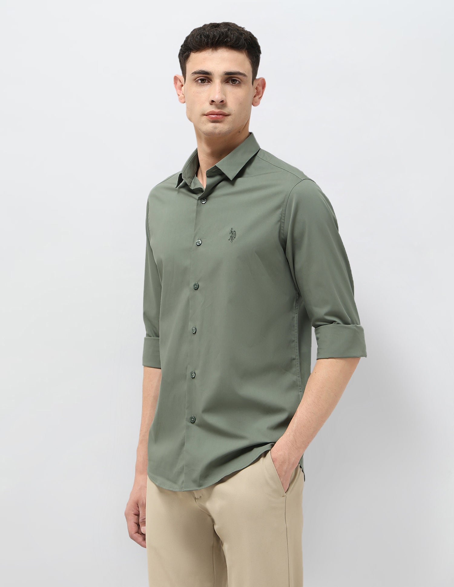 Poplin Tailored Fit Shirt Green - U.S. POLO ASSN. | Large