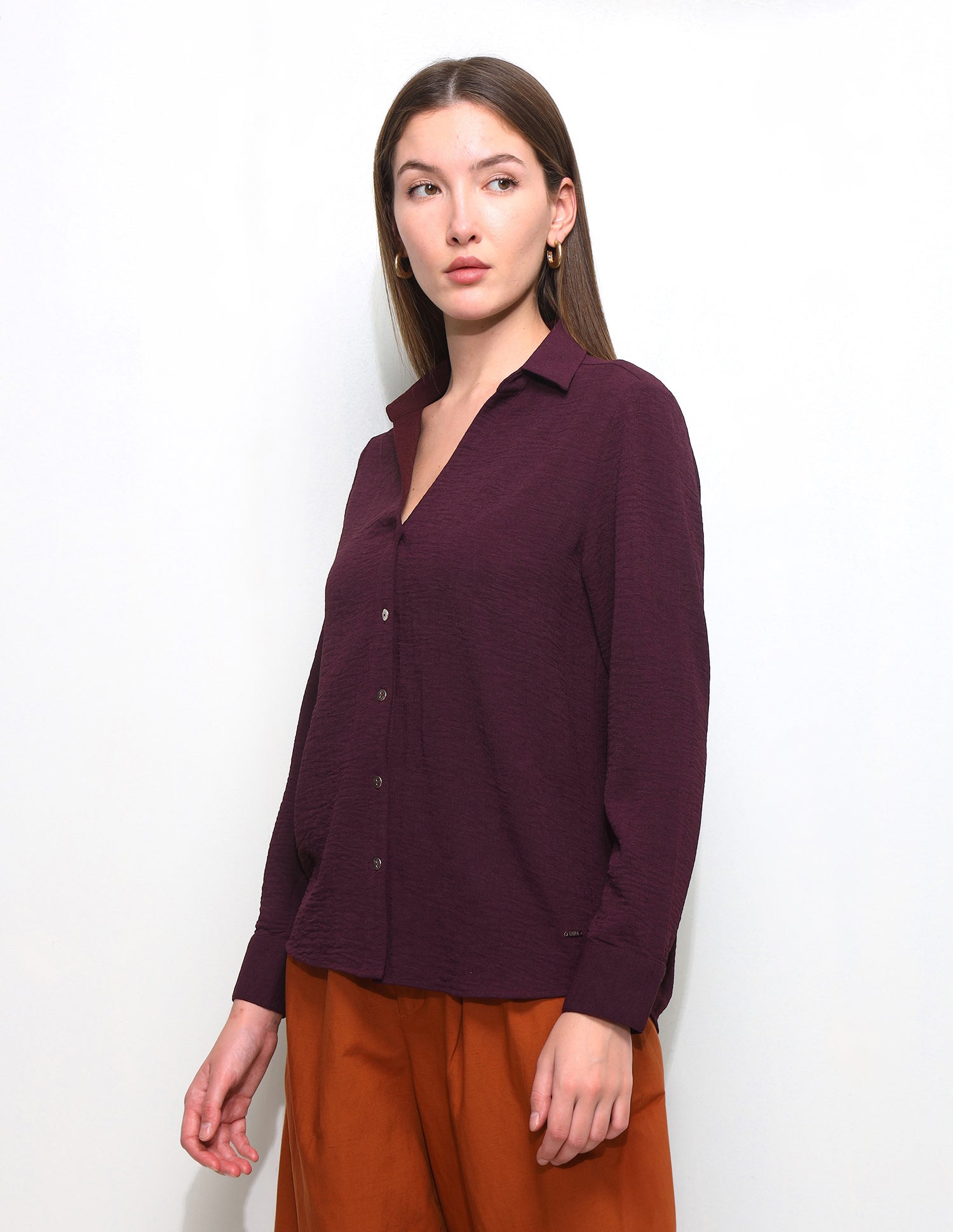 Solid V-Neck Collar Shirt Brown - U.S. Polo Assn. India | Large