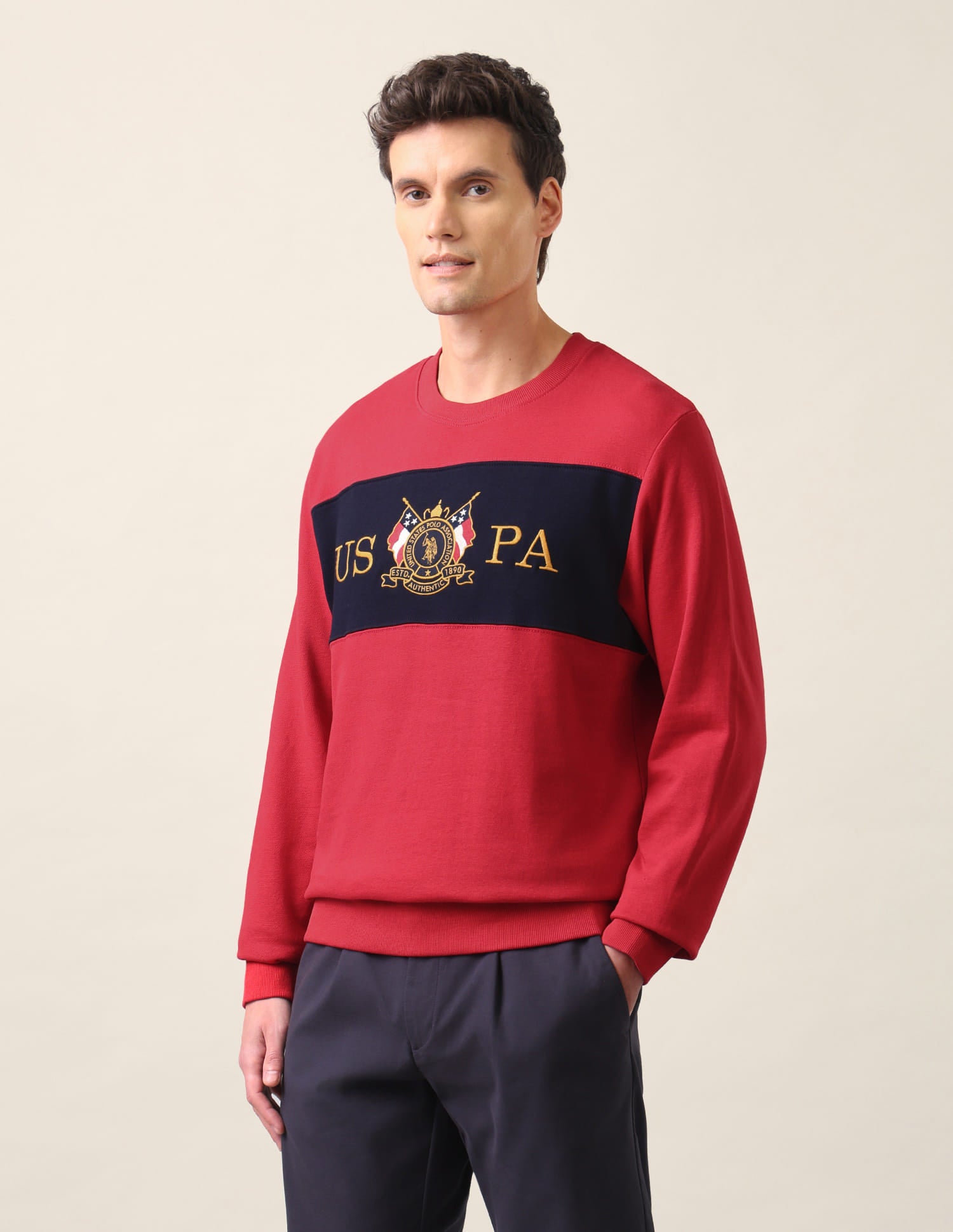 Crew Neck Solid Cotton Sweatshirt Red - U.S. Polo Assn. India | Large