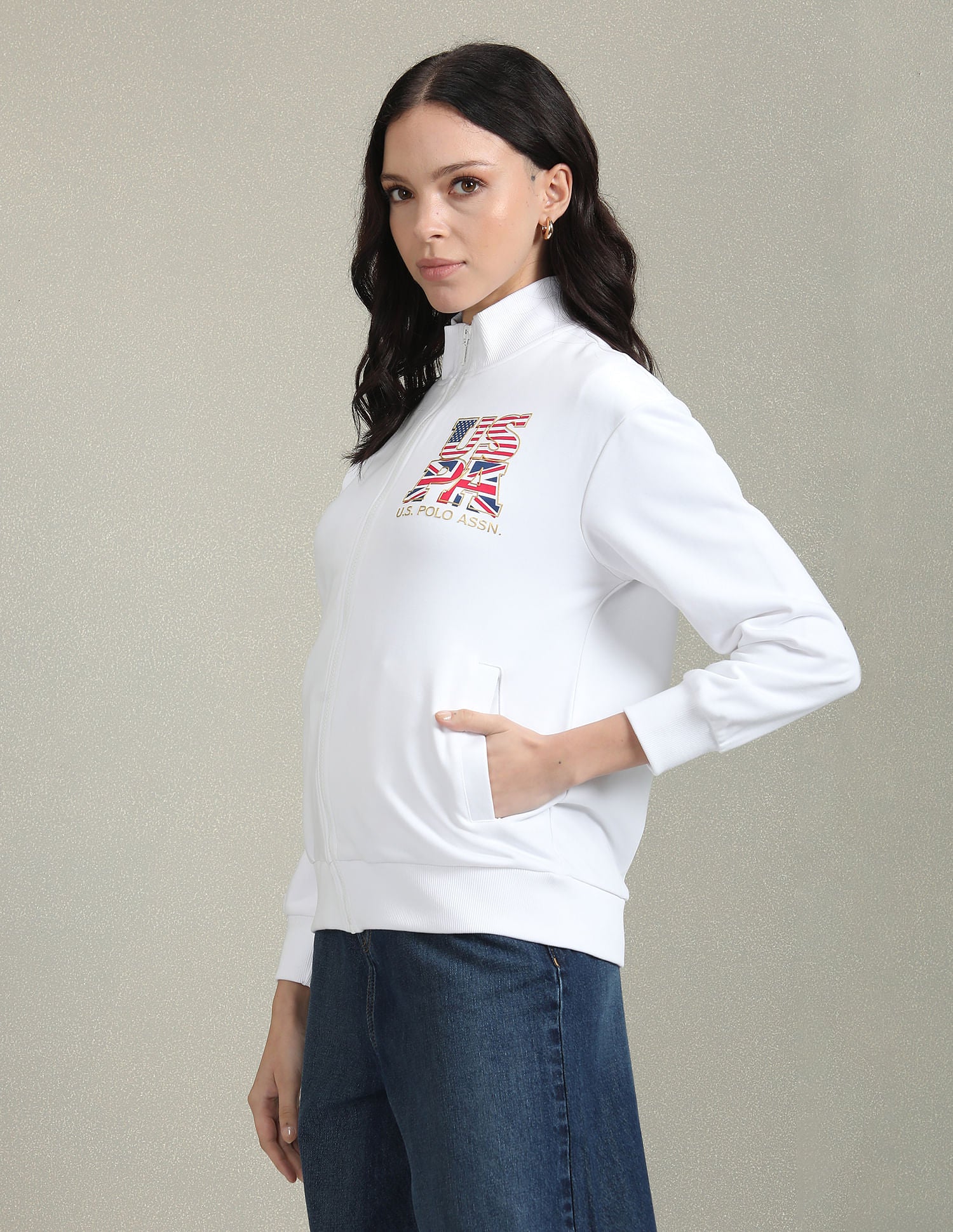 High Neck Printed Jacket White - U.S. Polo Assn. India | Large
