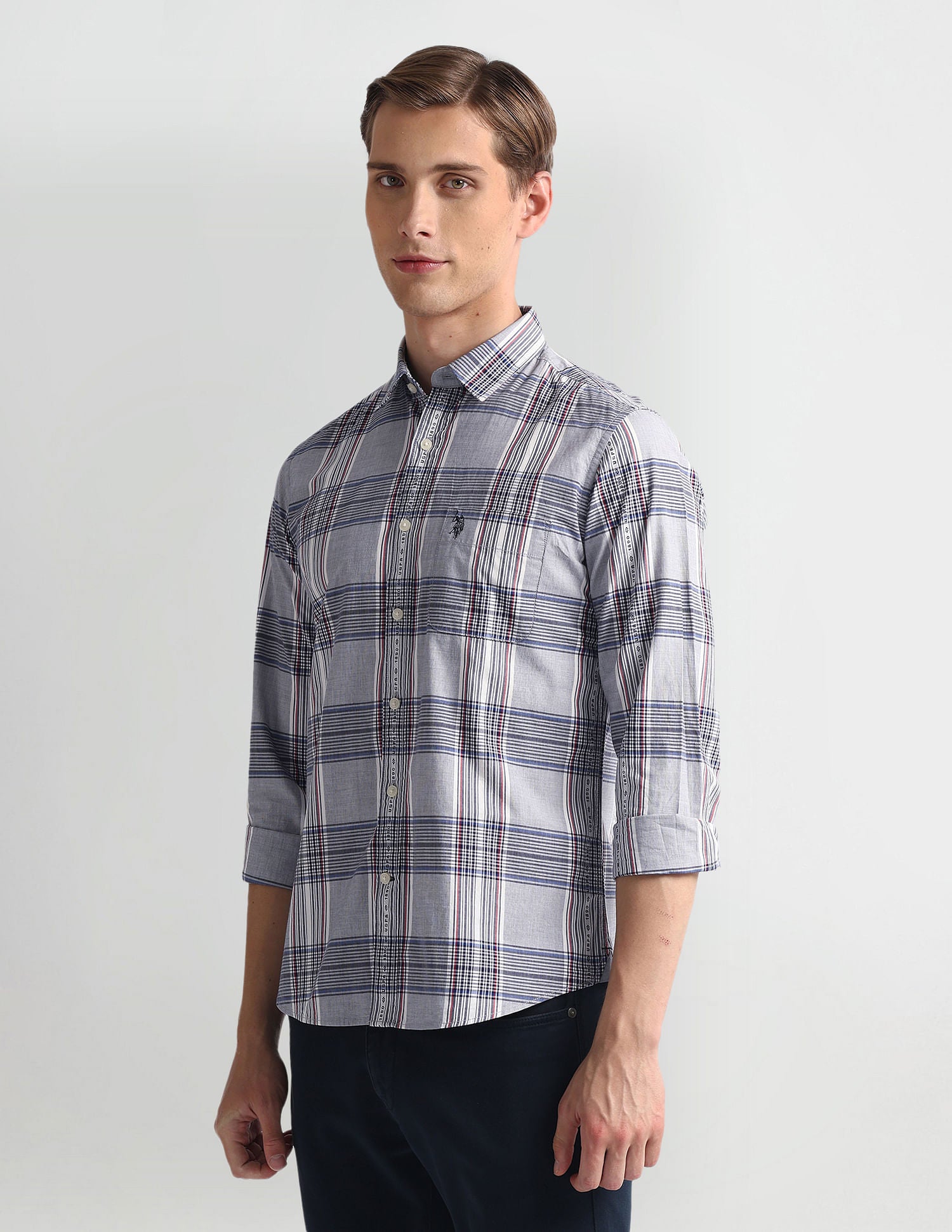 Tartan Check Striped Logo Shirt Grey - U.S. Polo Assn. India | Large