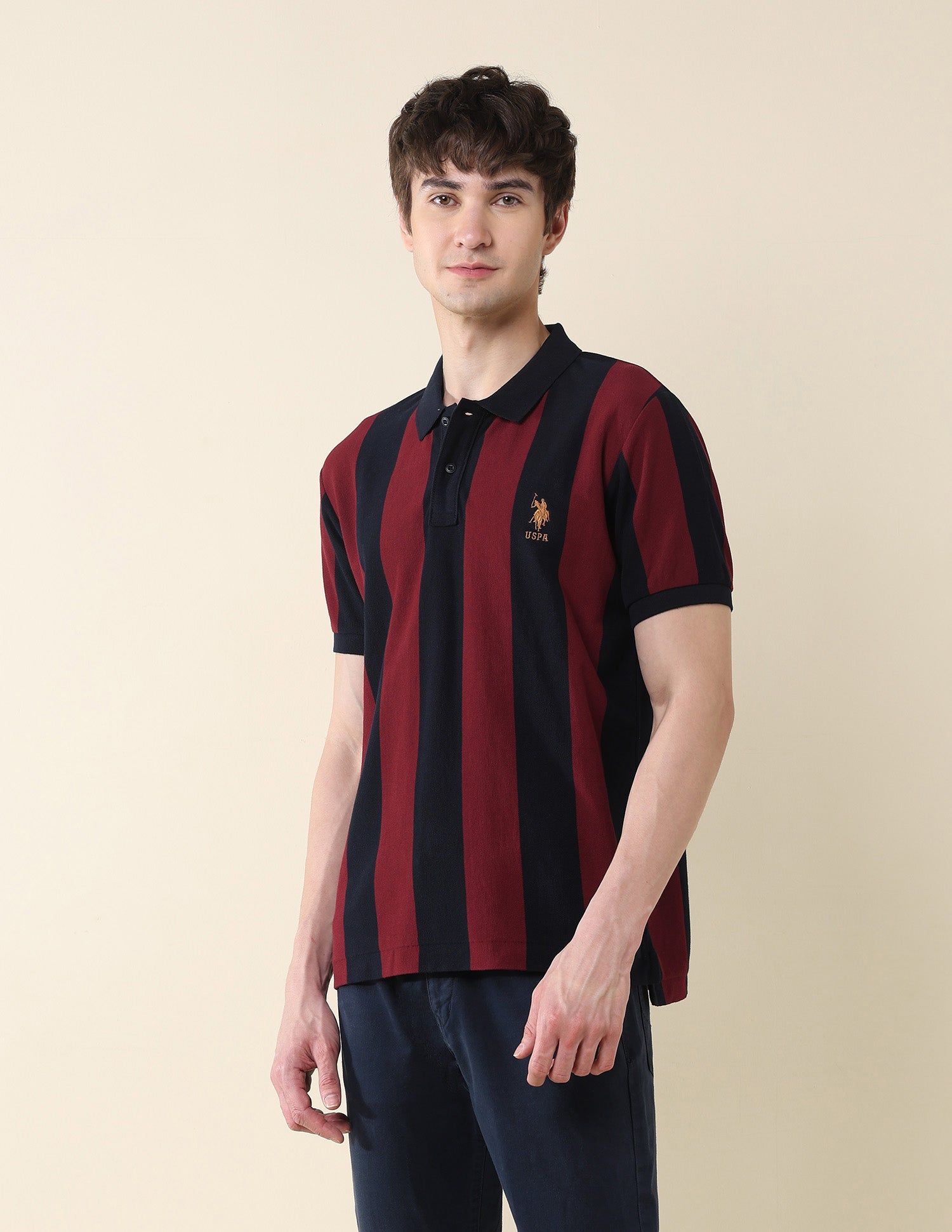 Vertical Striped Pure Cotton Gold Cup Polo Shirt Maroon - U.S. Polo Assn. India | Large