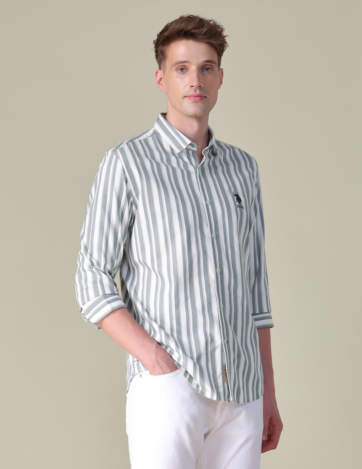 Vertical Striped Twill Shirt Light Olive - U.S. POLO ASSN. | Large