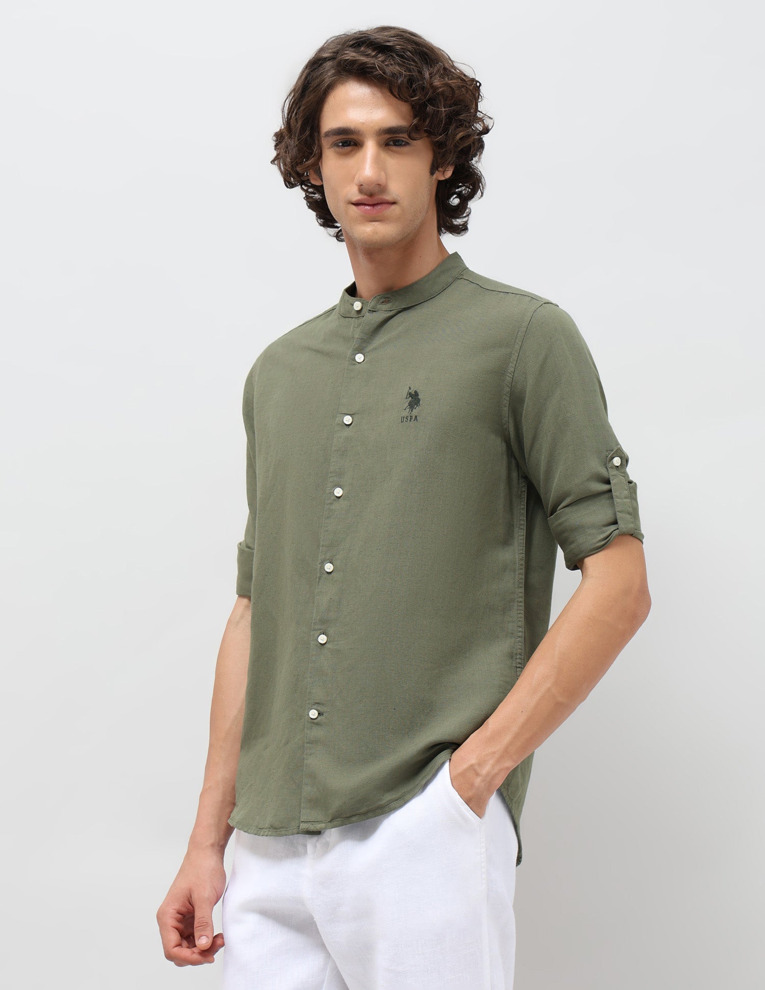 Solid Regular Fit Mandarin Shirt Olive - U.S. POLO ASSN. | Large