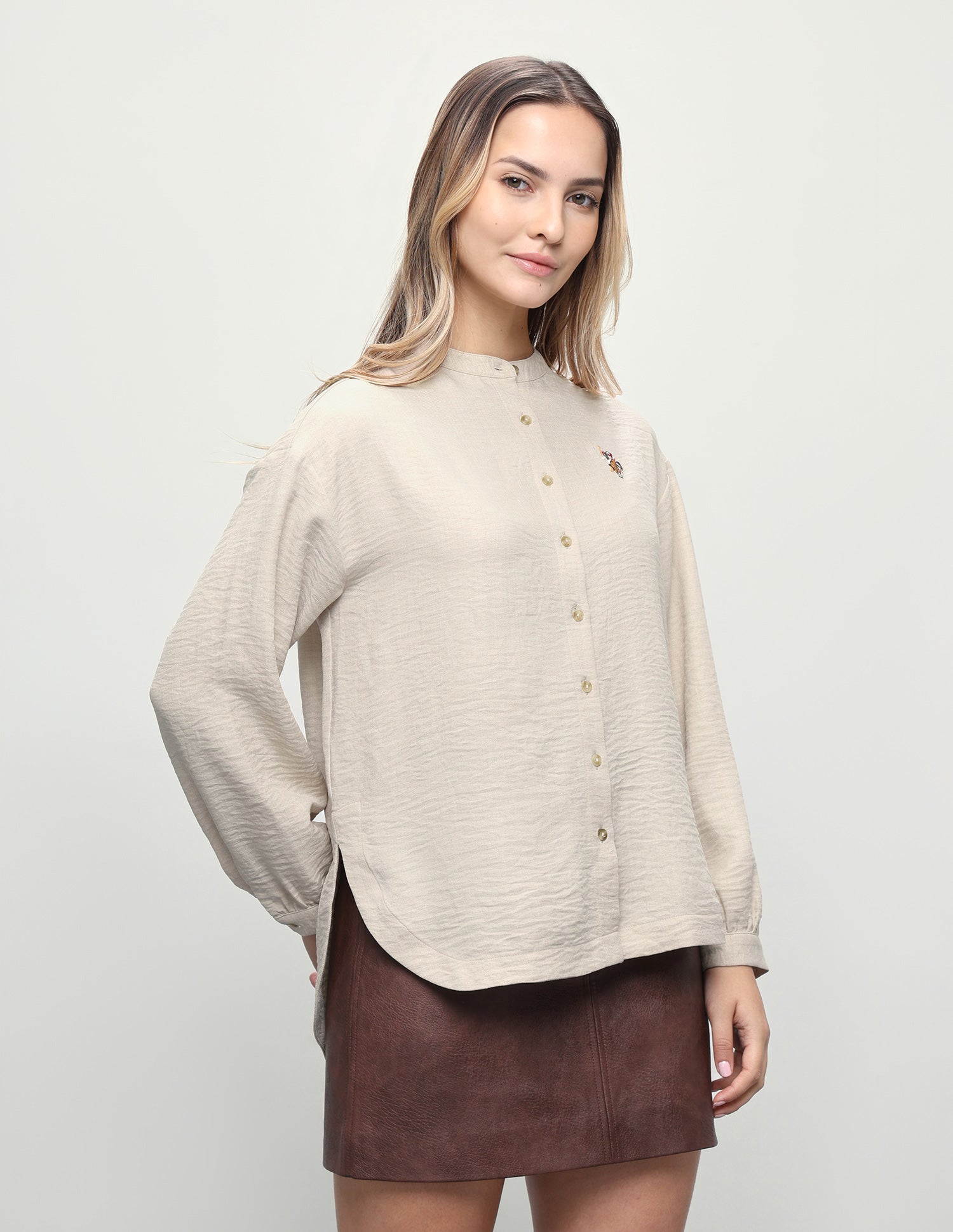 Relaxed Fit Mandarin Shirt Beige - U.S. Polo Assn. India | Large