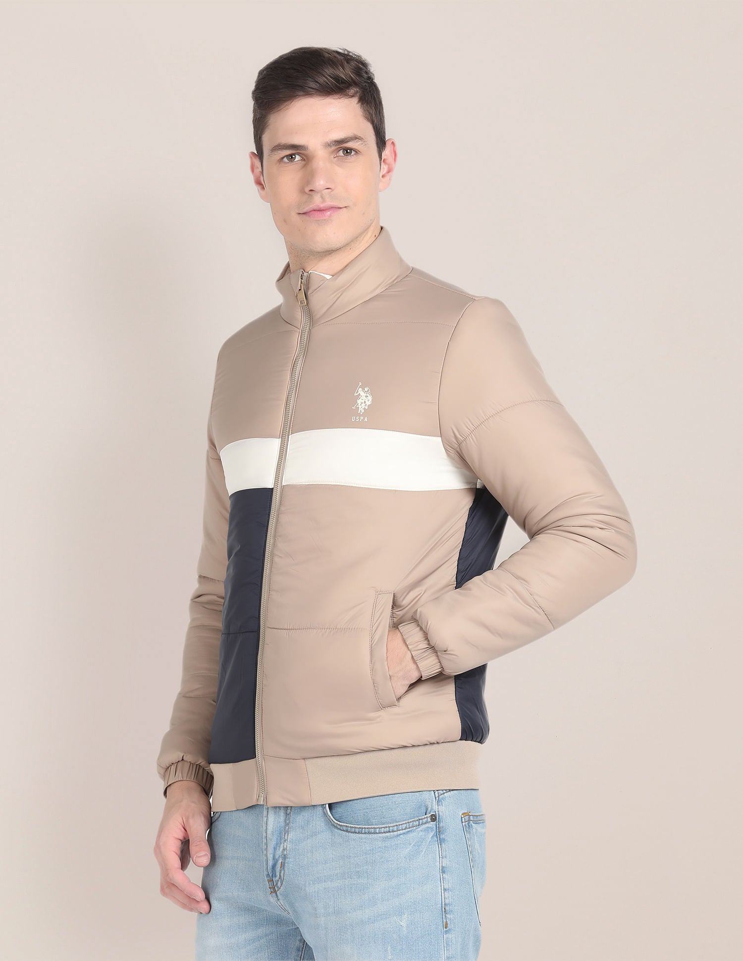 High Neck Colour Block Jacket Beige - U.S. Polo Assn. India | Large