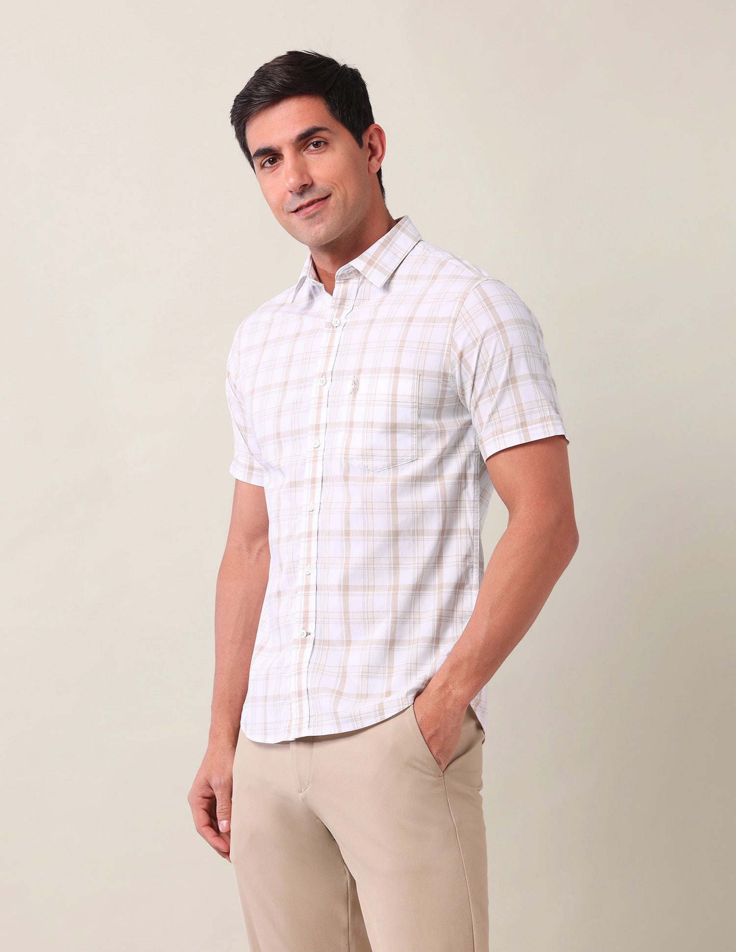 Grid Tattersall Checked Tailored Fit Shirt Light Beige - U.S. Polo Assn. India | Large
