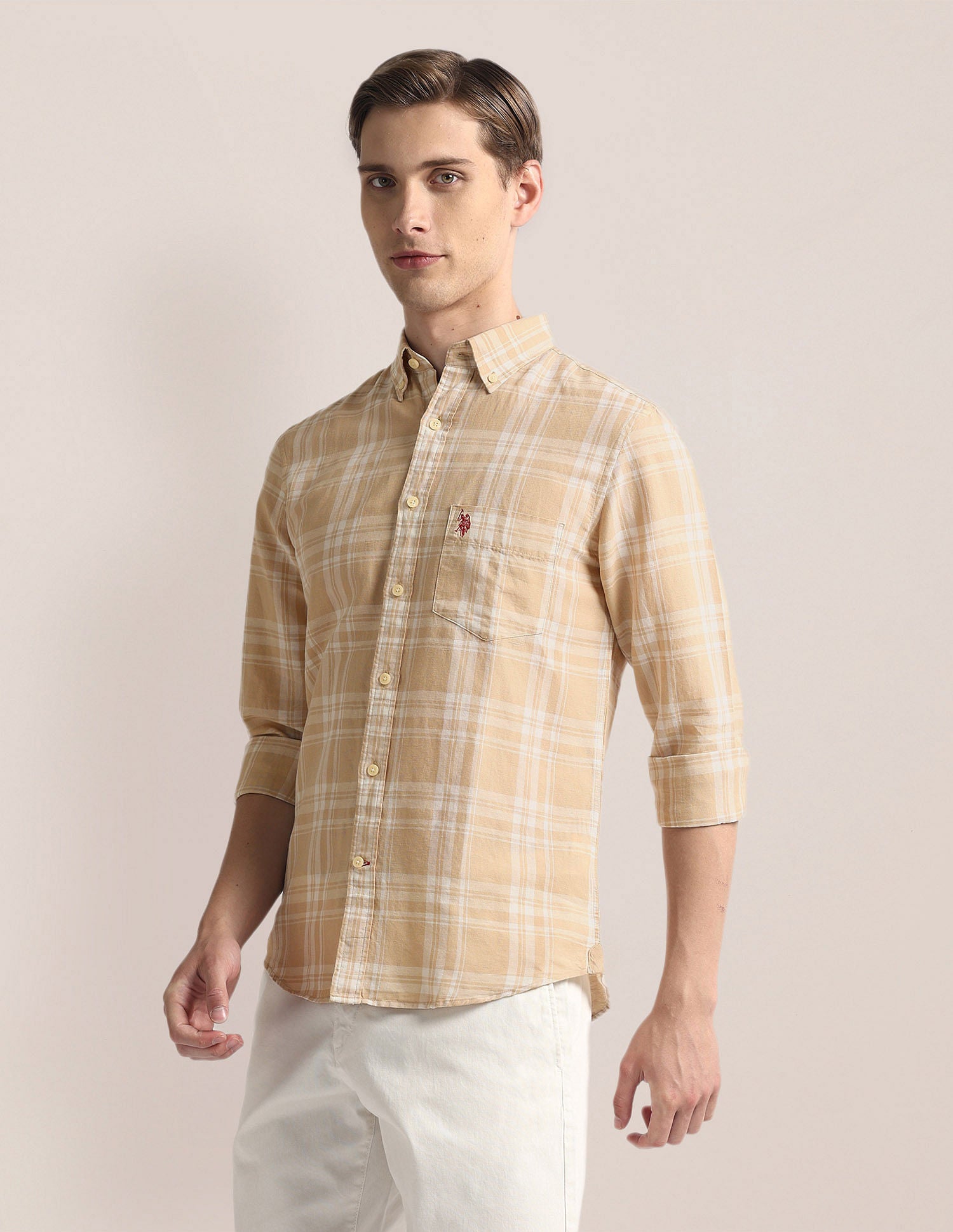 Tailored Fit Tartan Check Shirt Ivory and Beige - U.S. Polo Assn. India | Large