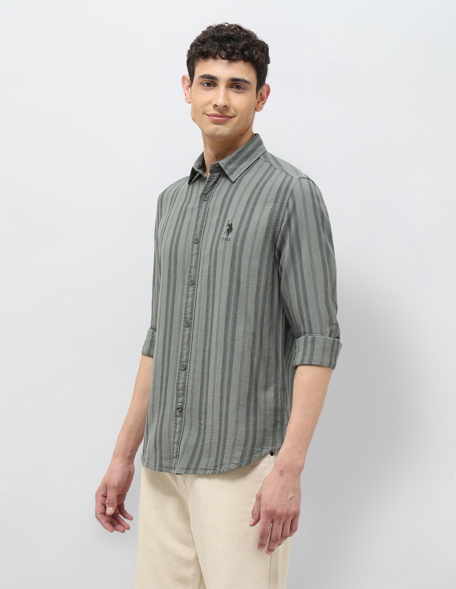 Vertical Striped Regular Fit Shirt Light Green - U.S. Polo Assn. India | Large