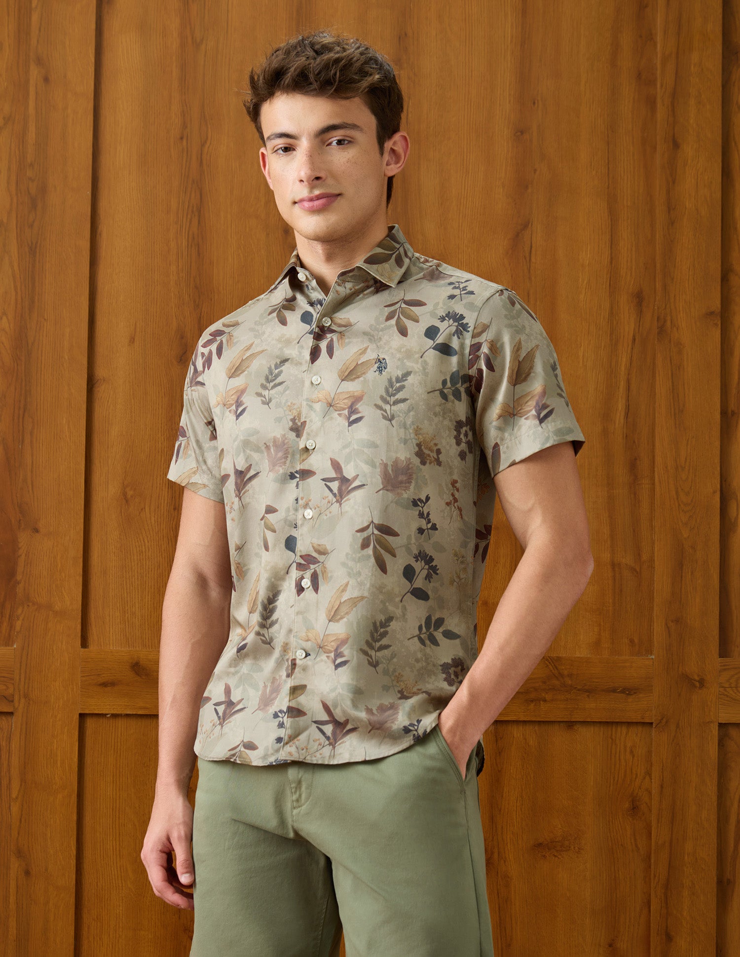 Tropical Printed Satin Shirt Light Green - U.S. Polo Assn. India | Large