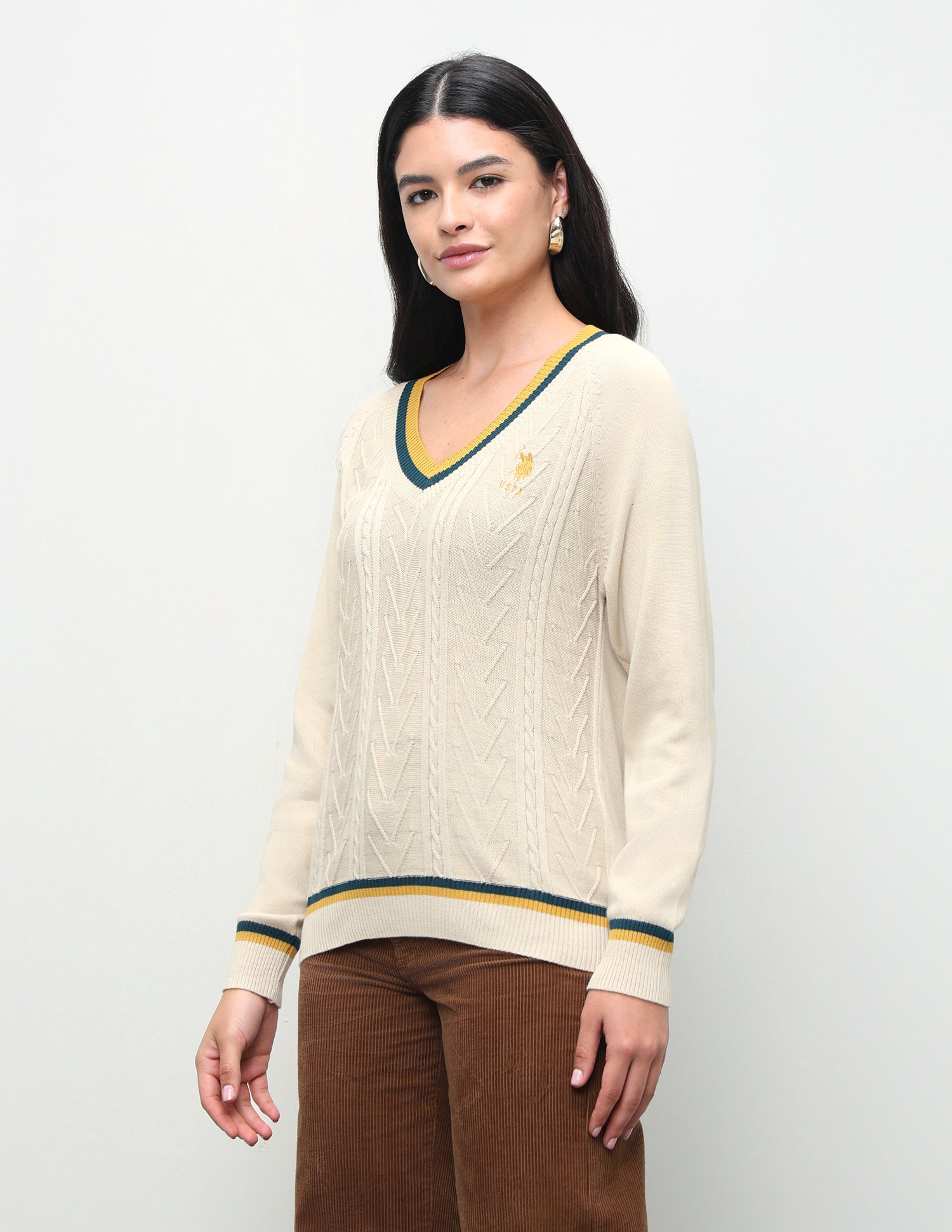Cable Patterned Knit Regular Fit Sweater Ecru - U.S. Polo Assn. India | Large