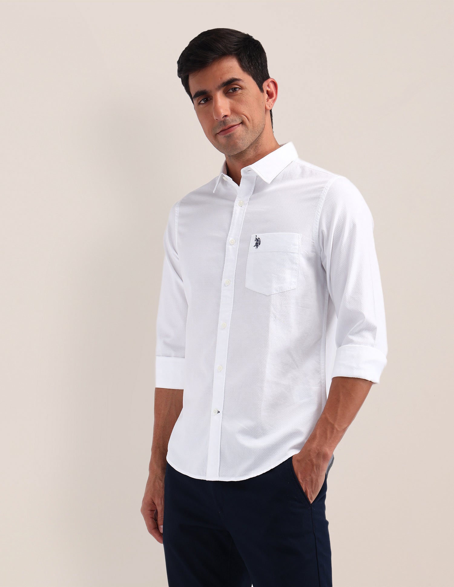 Solid Pattern Dobby Shirt White - U.S. Polo Assn. India | Large