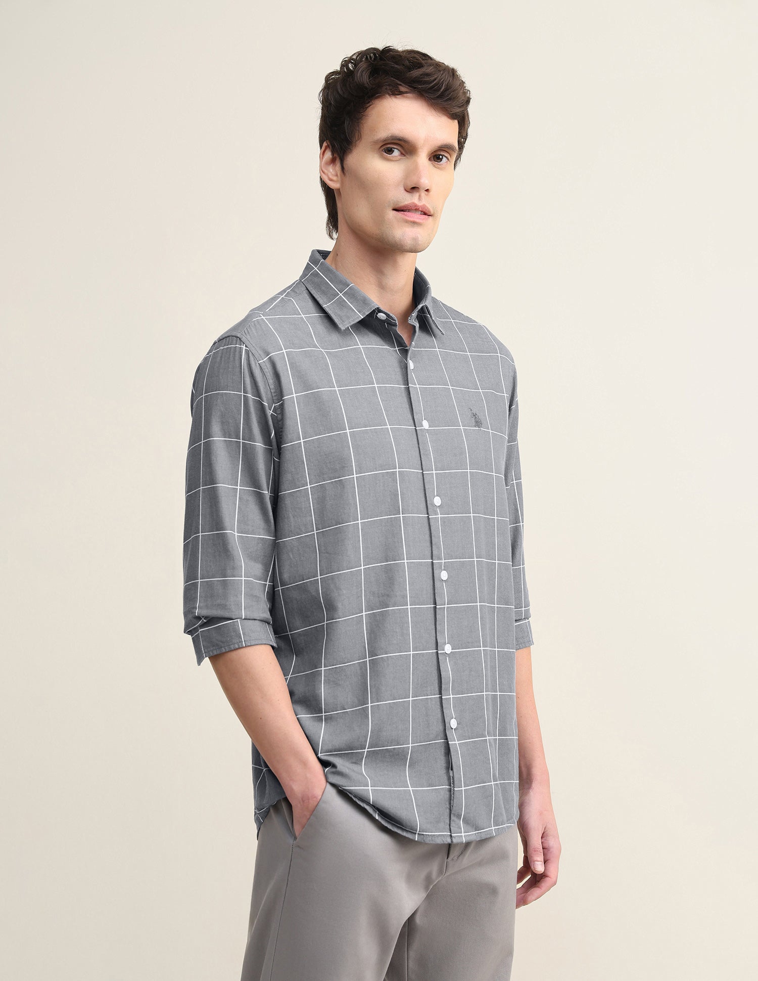Windowpane Checked Twill Shirt Grey - U.S. Polo Assn. India | Large