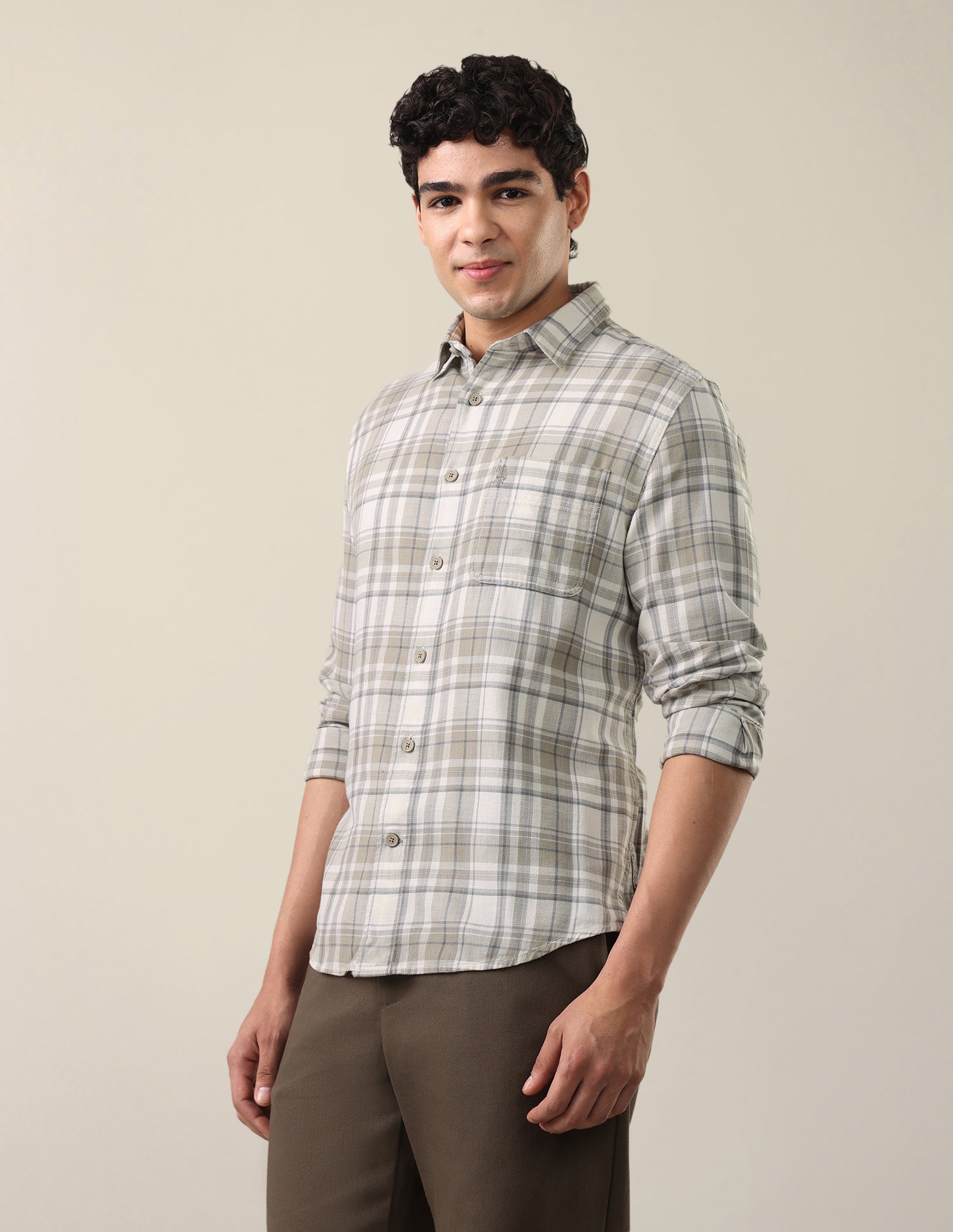 Twill Windowpane Checked Shirt Light Olive - U.S. Polo Assn. India | Large