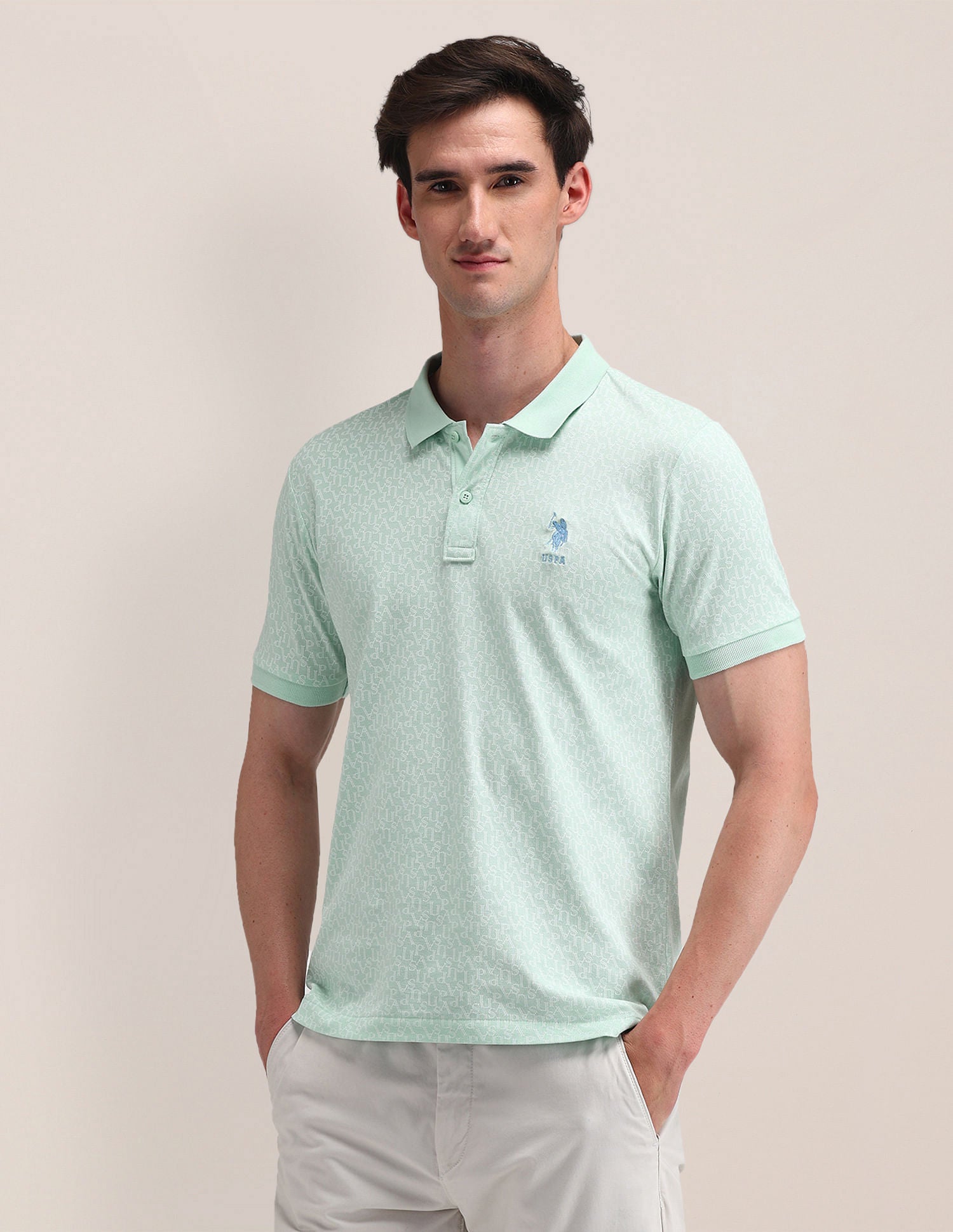 Slim Fit Printed Cotton Polo Shirt Green - U.S. Polo Assn. India | Large
