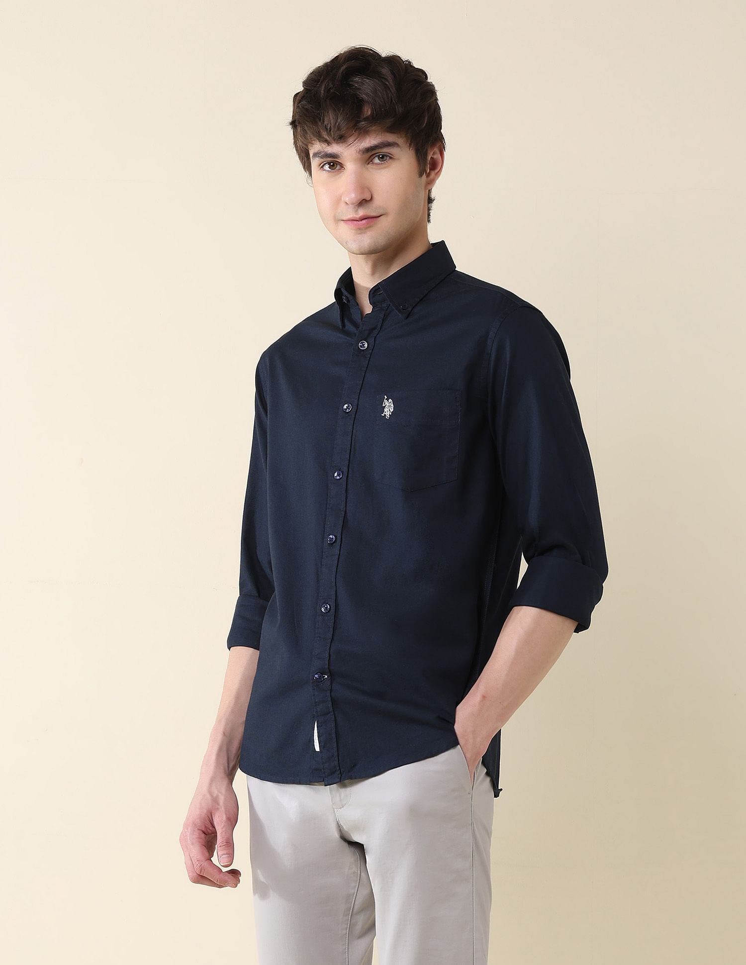 Solid Oxford Stretch Button Down Shirt Navy - U.S. Polo Assn. India | Large