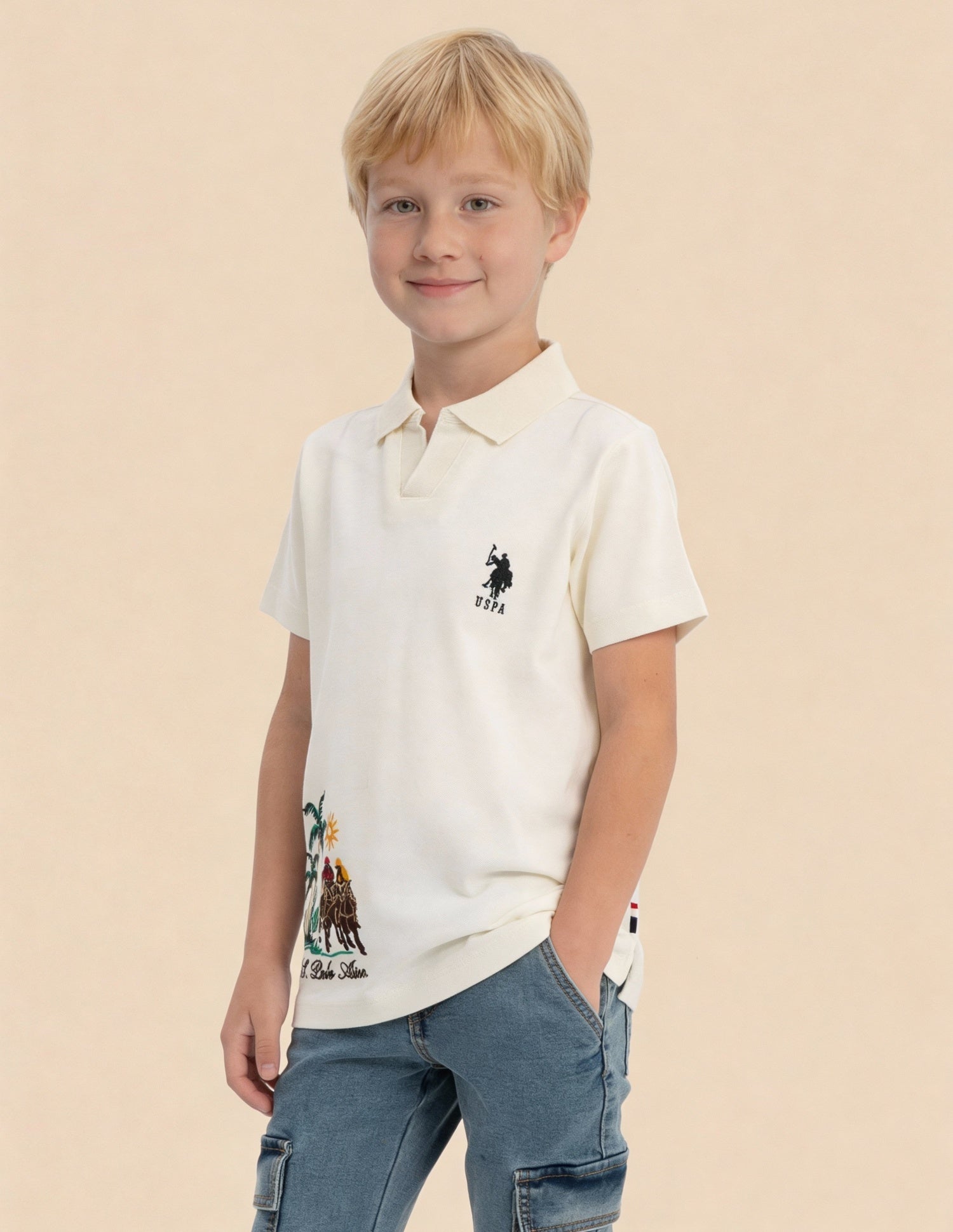 Boys Brand Embroidered Polo Shirt Off White - U.S. Polo Assn. India | Large