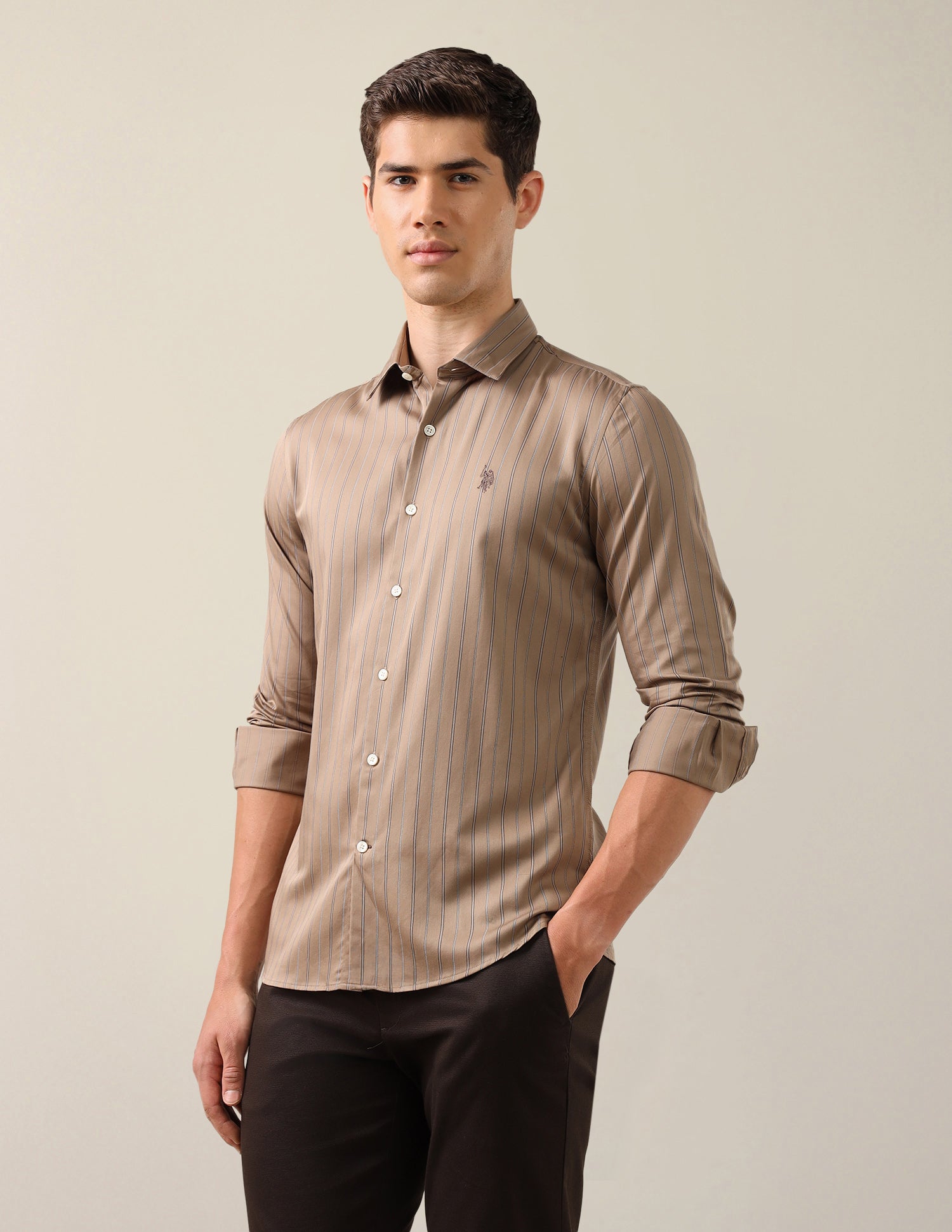 Satin Tailored Fit Shirt Khaki - U.S. Polo Assn. India | Large