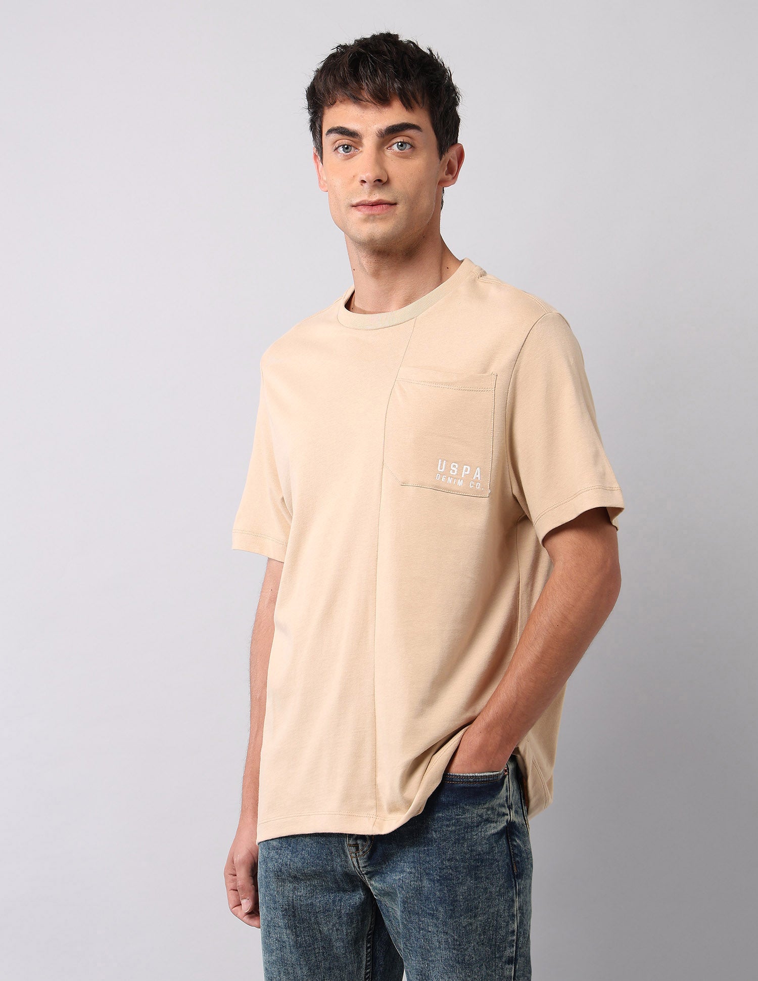 Solid Pure Cotton T-Shirt Beige - U.S. Polo Assn. India | Large