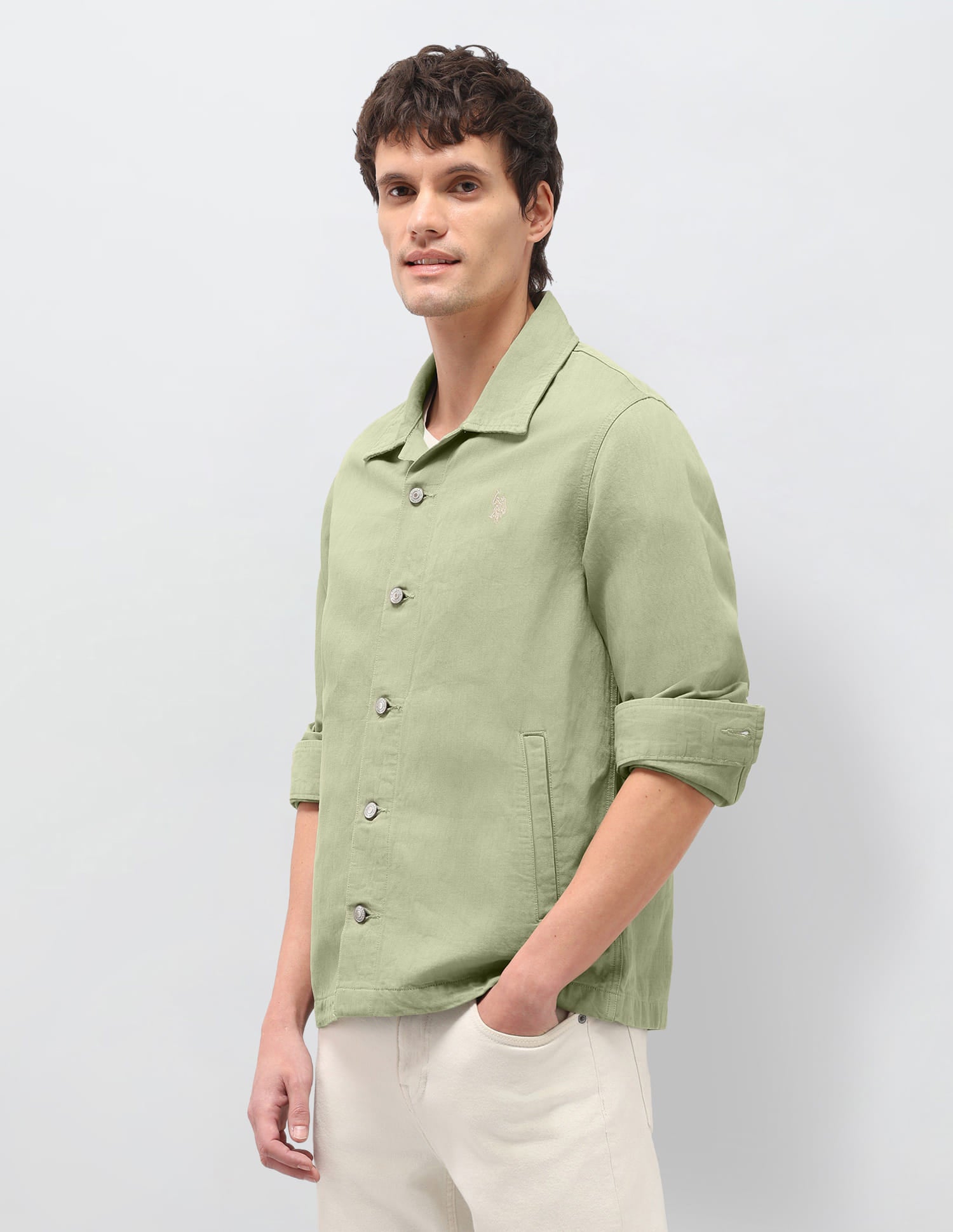 Solid Linen Regular Fit Jacket Green - U.S. Polo Assn. India | Large