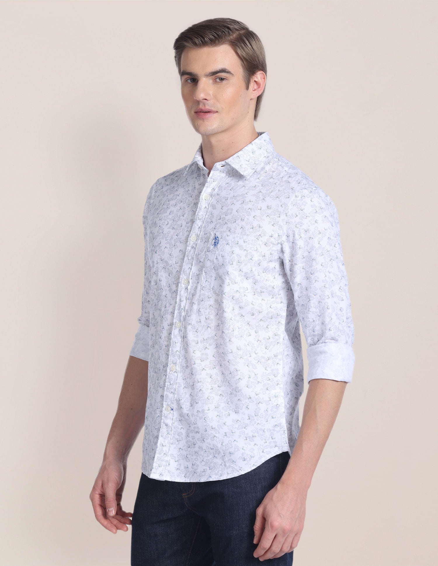 Floral Print Dobby Shirt White and Blue - U.S. POLO ASSN. | Large