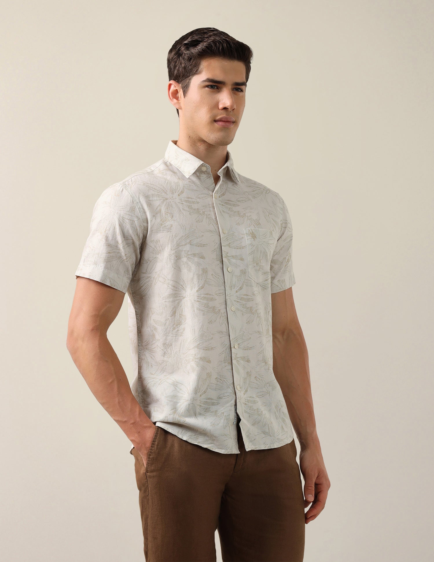 Tropical Printed Cotton Linen Shirt Beige - U.S. Polo Assn. India | Large