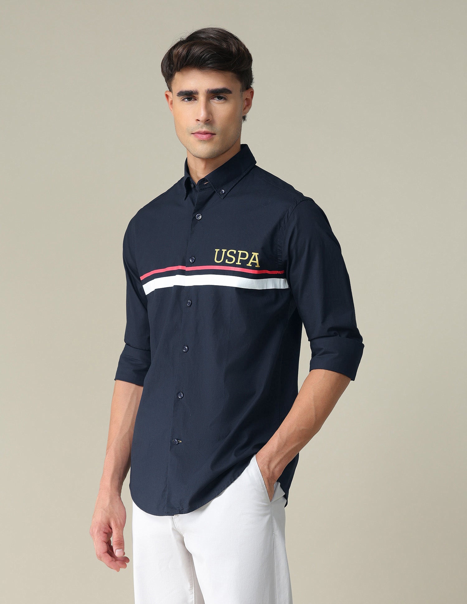 Engineer Stripe Cotton Shirt Navy - U.S. POLO ASSN. | Large