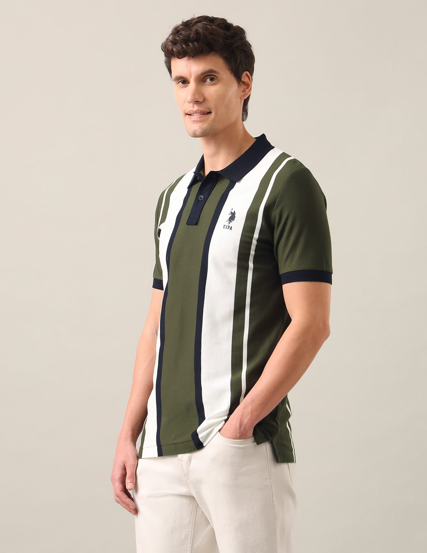Vertical Striped Slim Fit Polo Shirt Green - U.S. Polo Assn. India | Large