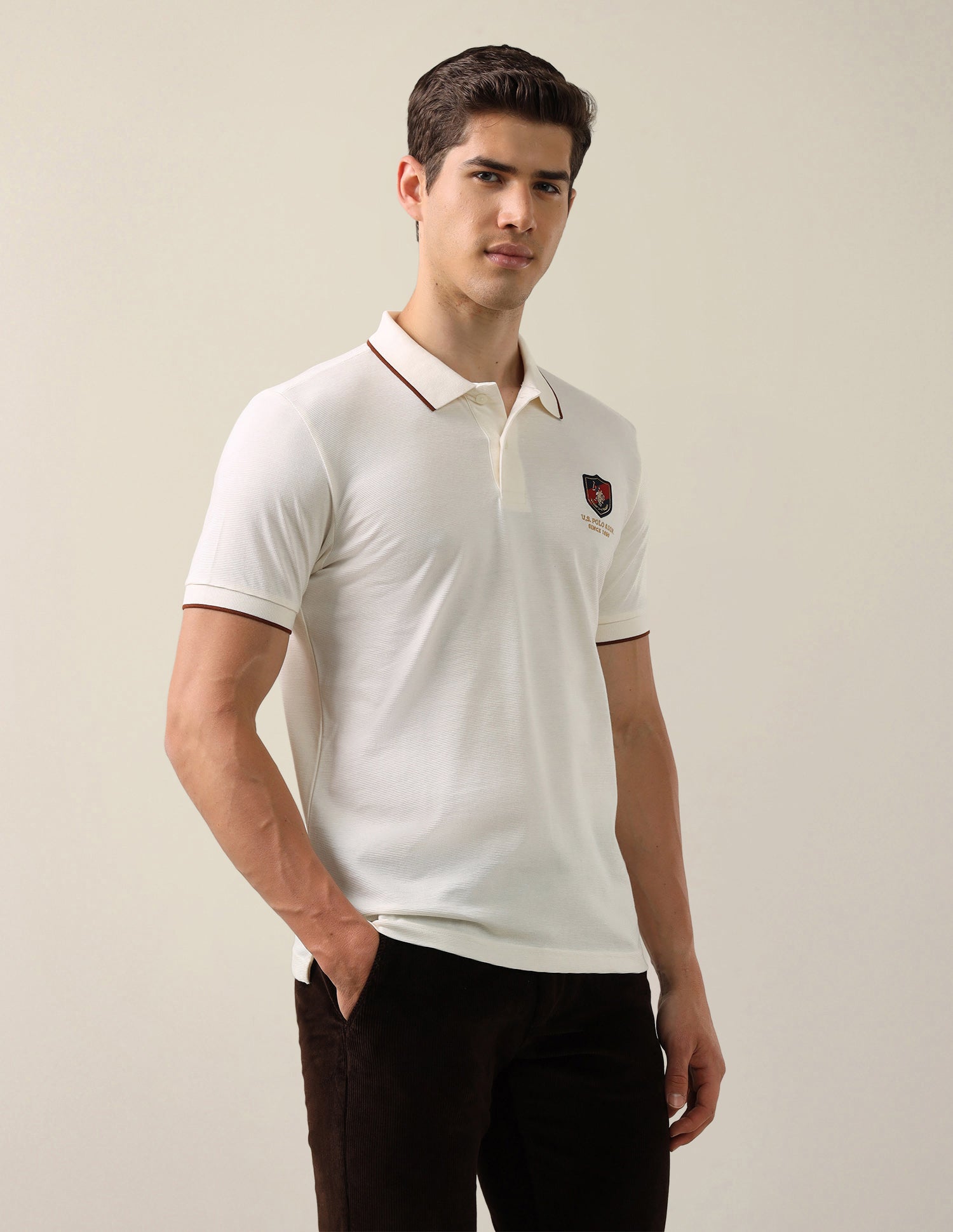 Solid Slim Fit Polo Shirt Off White - U.S. Polo Assn. India | Large