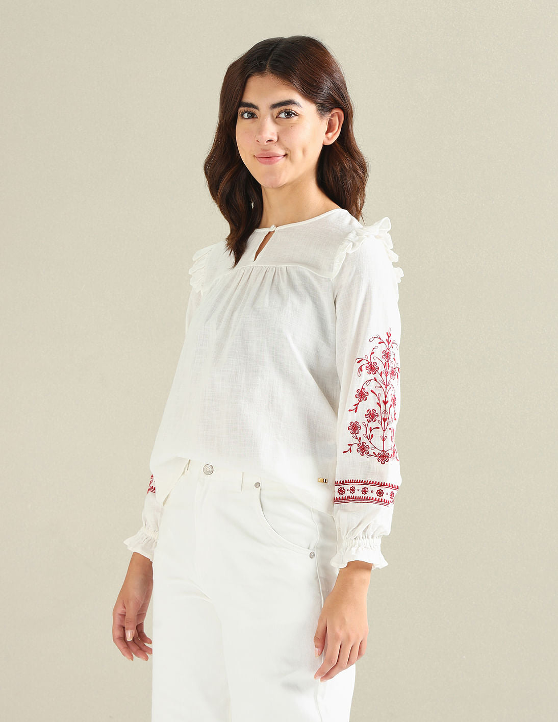 Embroidered Sleeve Cotton Flax Top White - U.S. Polo Assn. India | Large