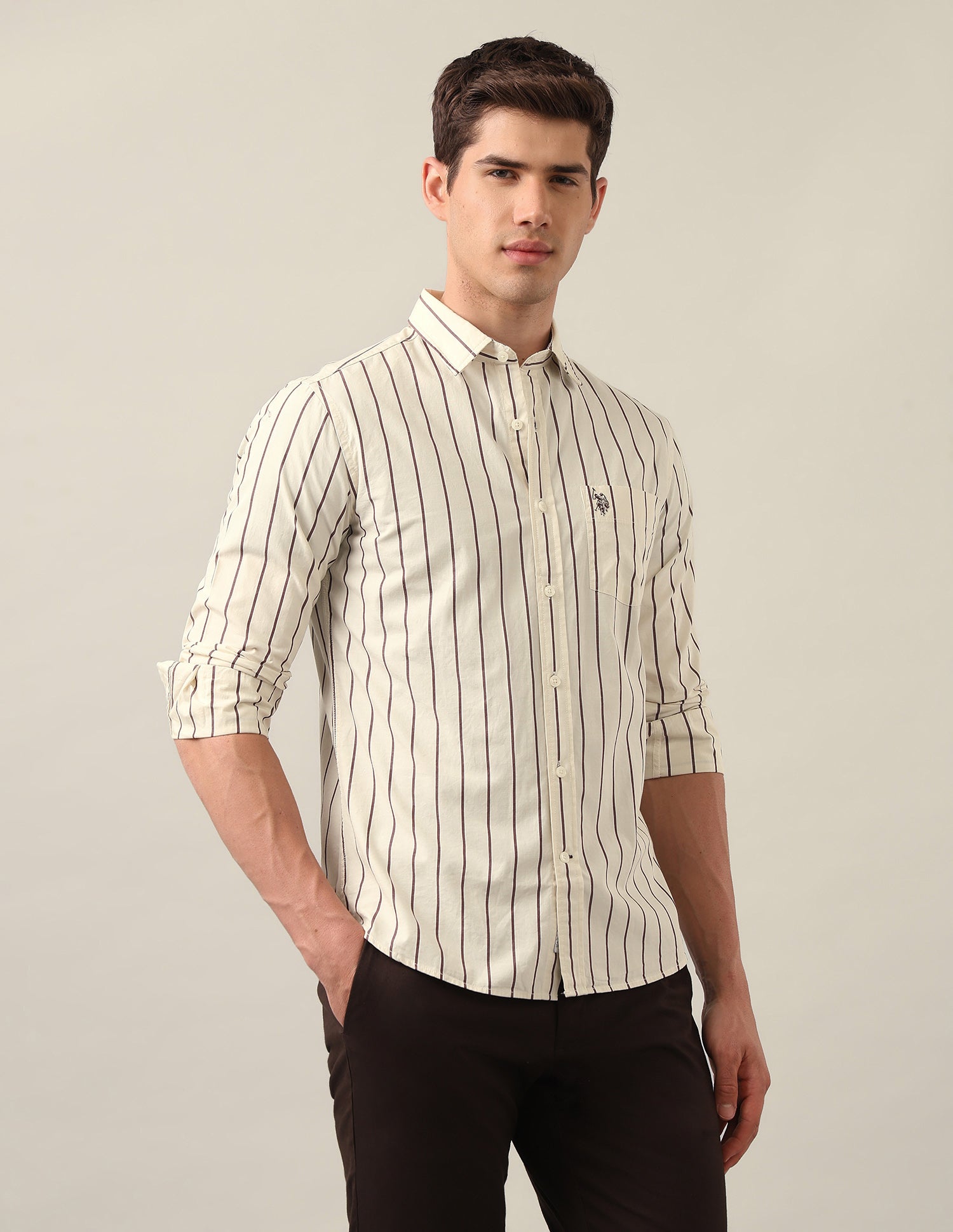 Tailored Fit Vertical Striped Shirt Light Khaki - U.S. Polo Assn. India | Large