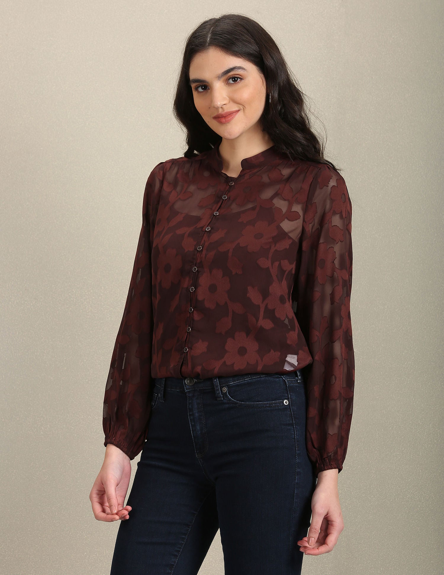 Mandarin Collar Lace Shirt Brown - U.S. Polo Assn. India | Large