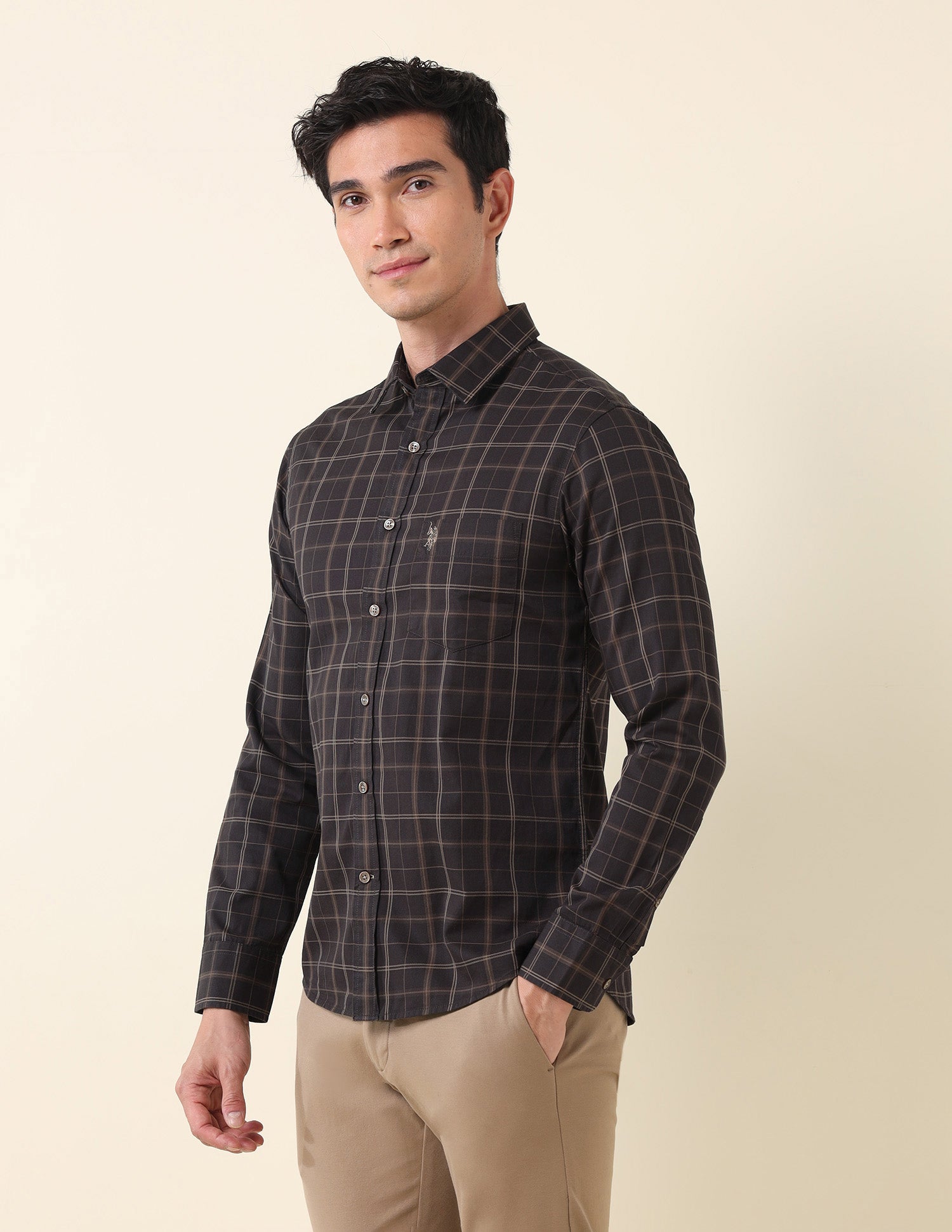 Grid Tattersall Checked Tailored Fit Shirt Dark Brown - U.S. Polo Assn. India | Large