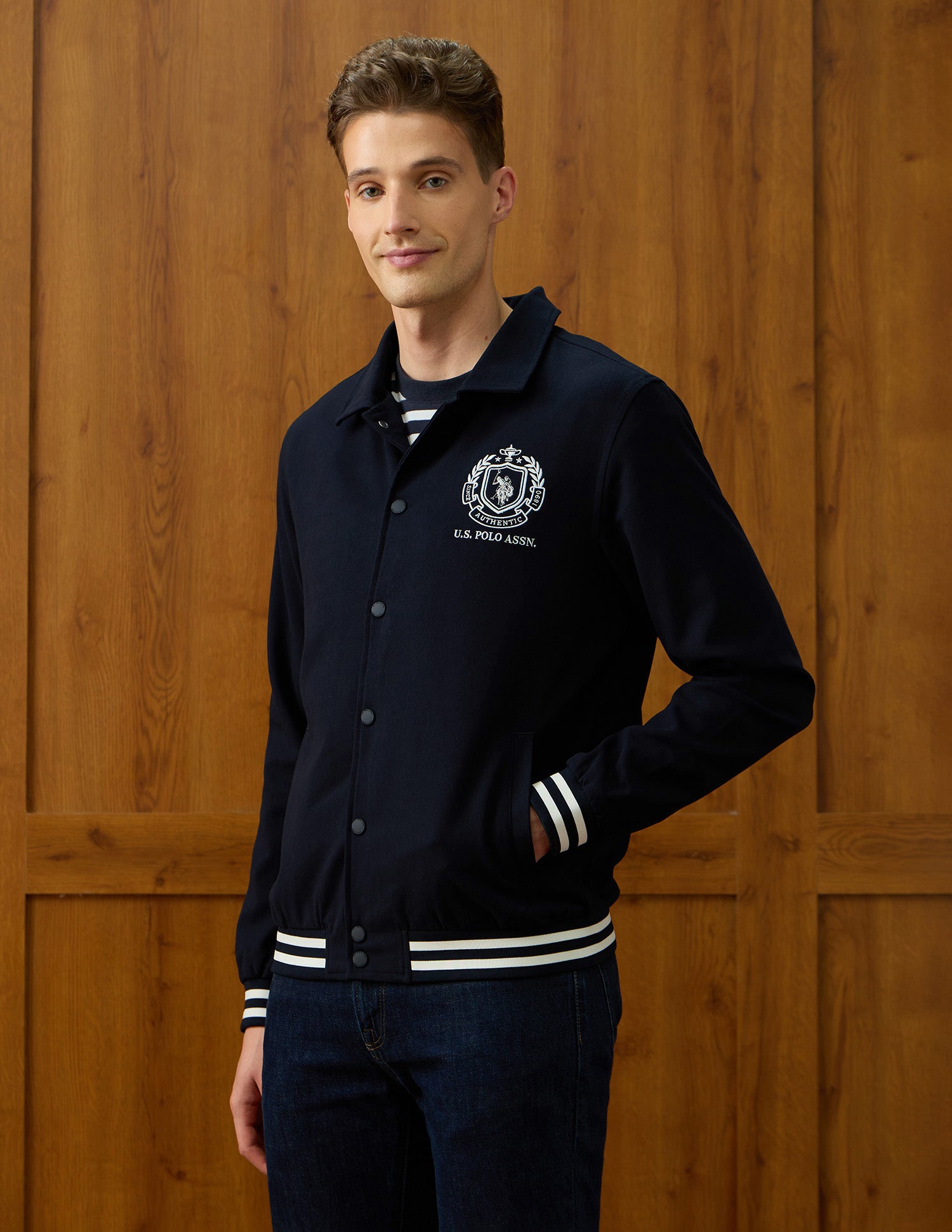 Equestrian Aisle Theater Regular Fit Varsity Jacket Navy - U.S. POLO ASSN. | Large