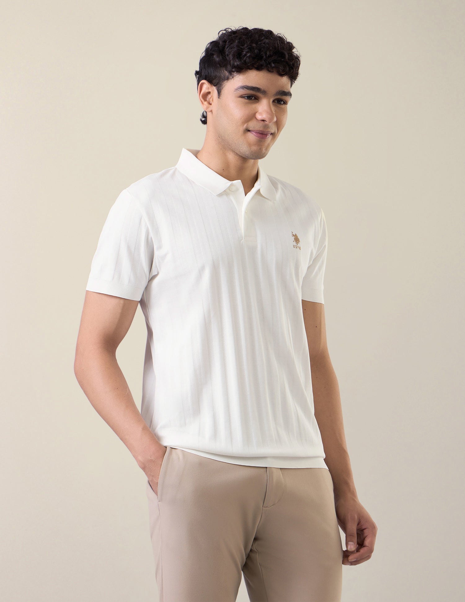 Self Design Vertical Striped Slim Fit Polo Shirt Off White - U.S. Polo Assn. India | Large