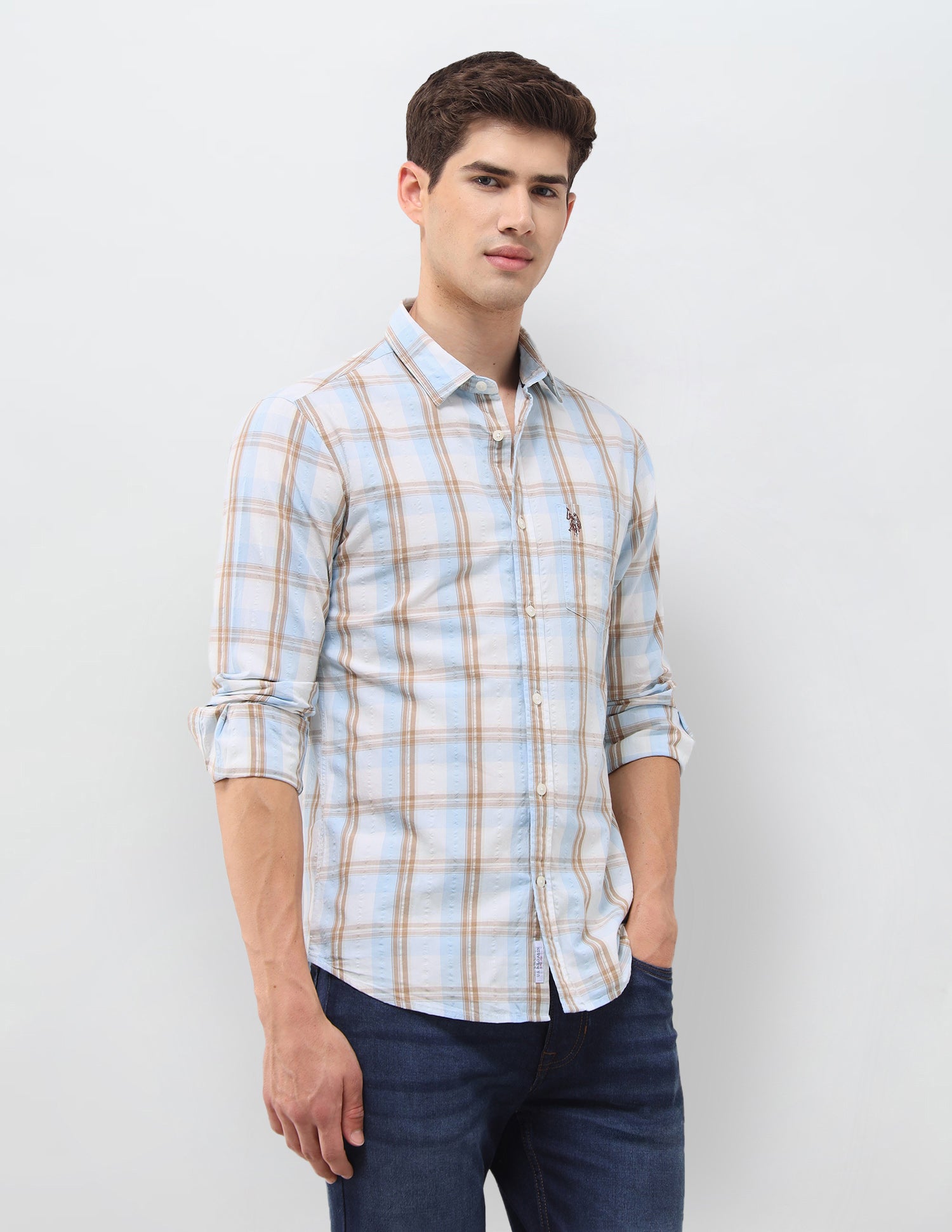 Tartan Checked Seersucker Shirt Light Brown - U.S. Polo Assn. India | Large