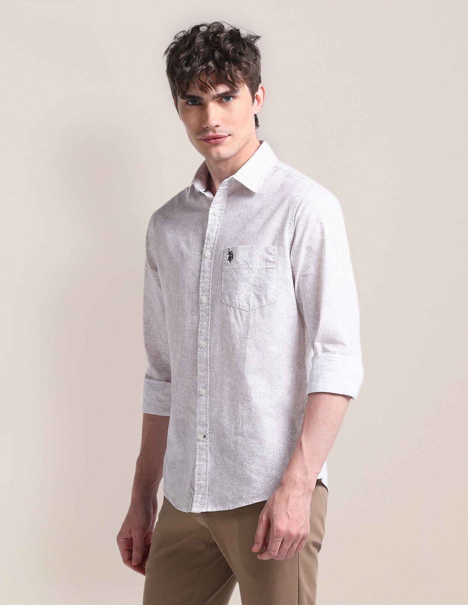 Cutaway Collar Floral Shirt Beige - U.S. Polo Assn. India | Large