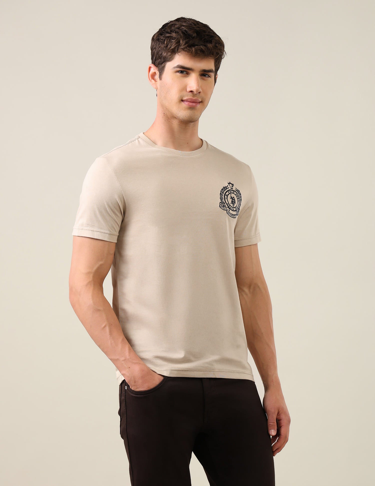 Solid Regular Fit T-Shirt Beige - U.S. Polo Assn. India | Large