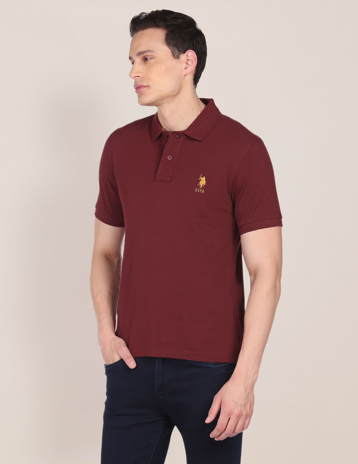 Ribbed Collar Solid Polo Shirt Maroon - U.S. POLO ASSN. | Large