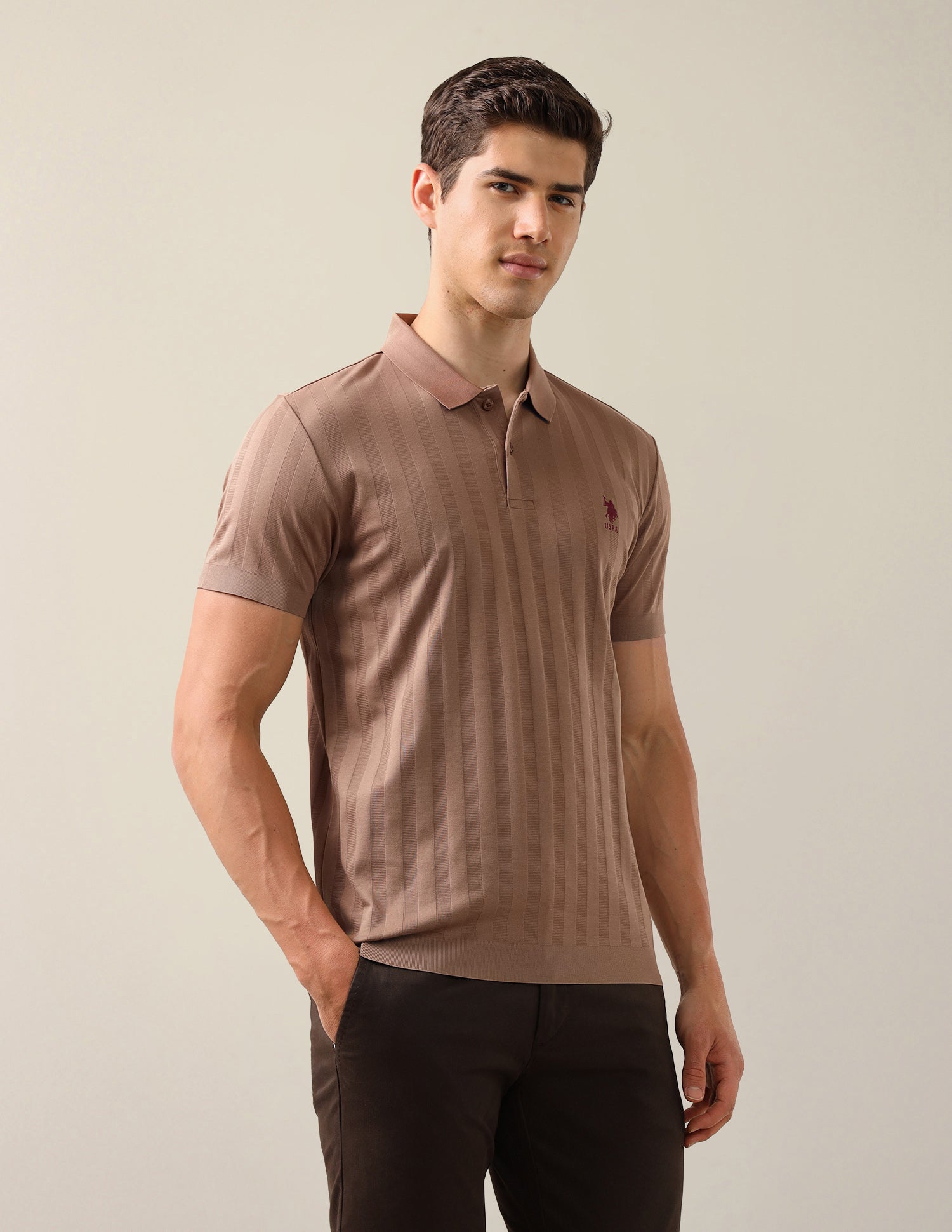 Self Design Vertical Striped Slim Fit Polo Shirt Light Brown - U.S. Polo Assn. India | Large