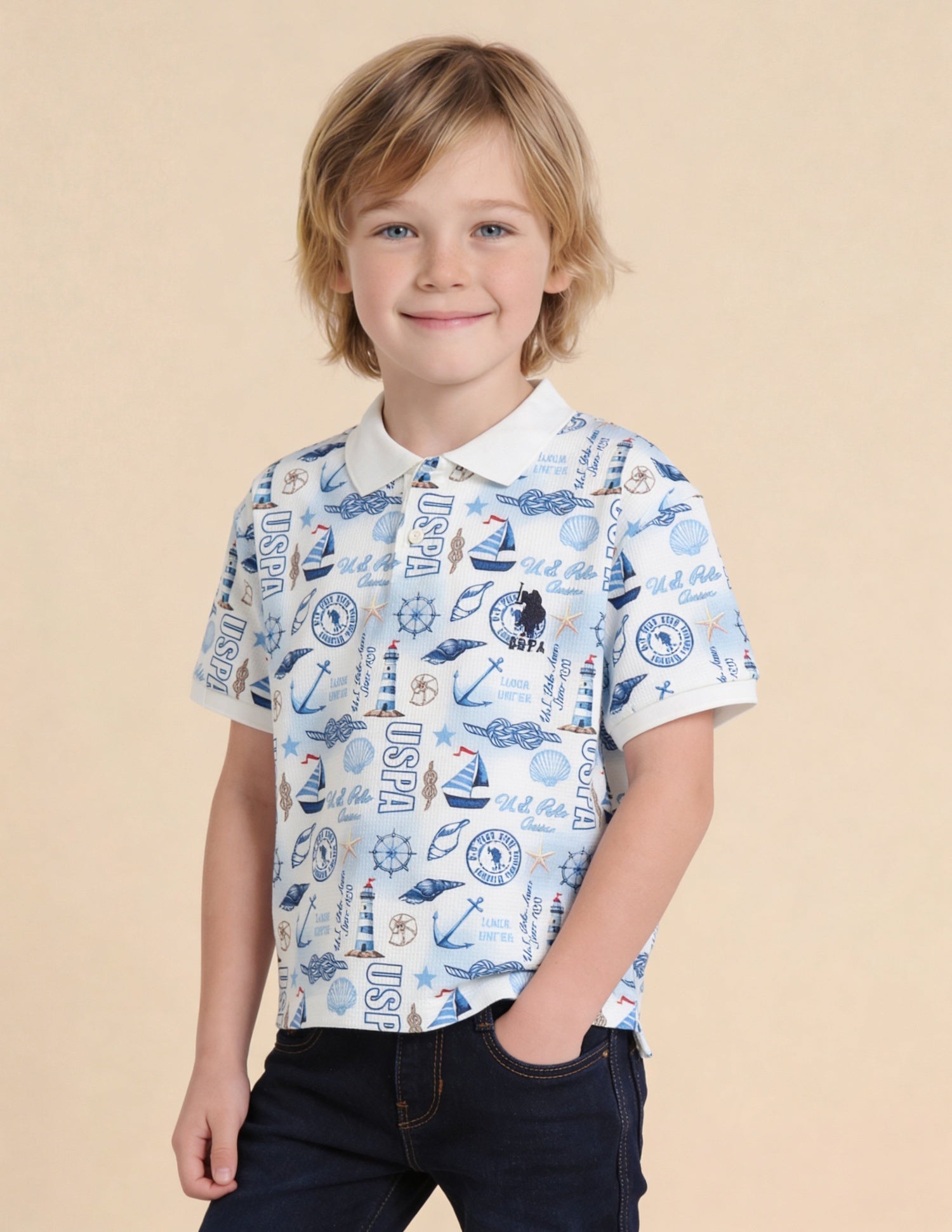 Graphic Brand Printed Regular Fit Polo Shirt Off White - U.S. Polo Assn. India | Large