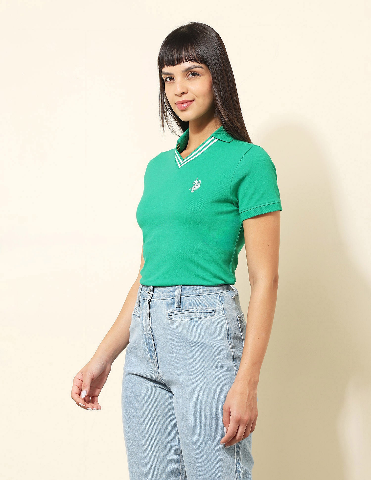 Tipped V-Neck Solid Polo Shirt Green - U.S. POLO ASSN. | Large