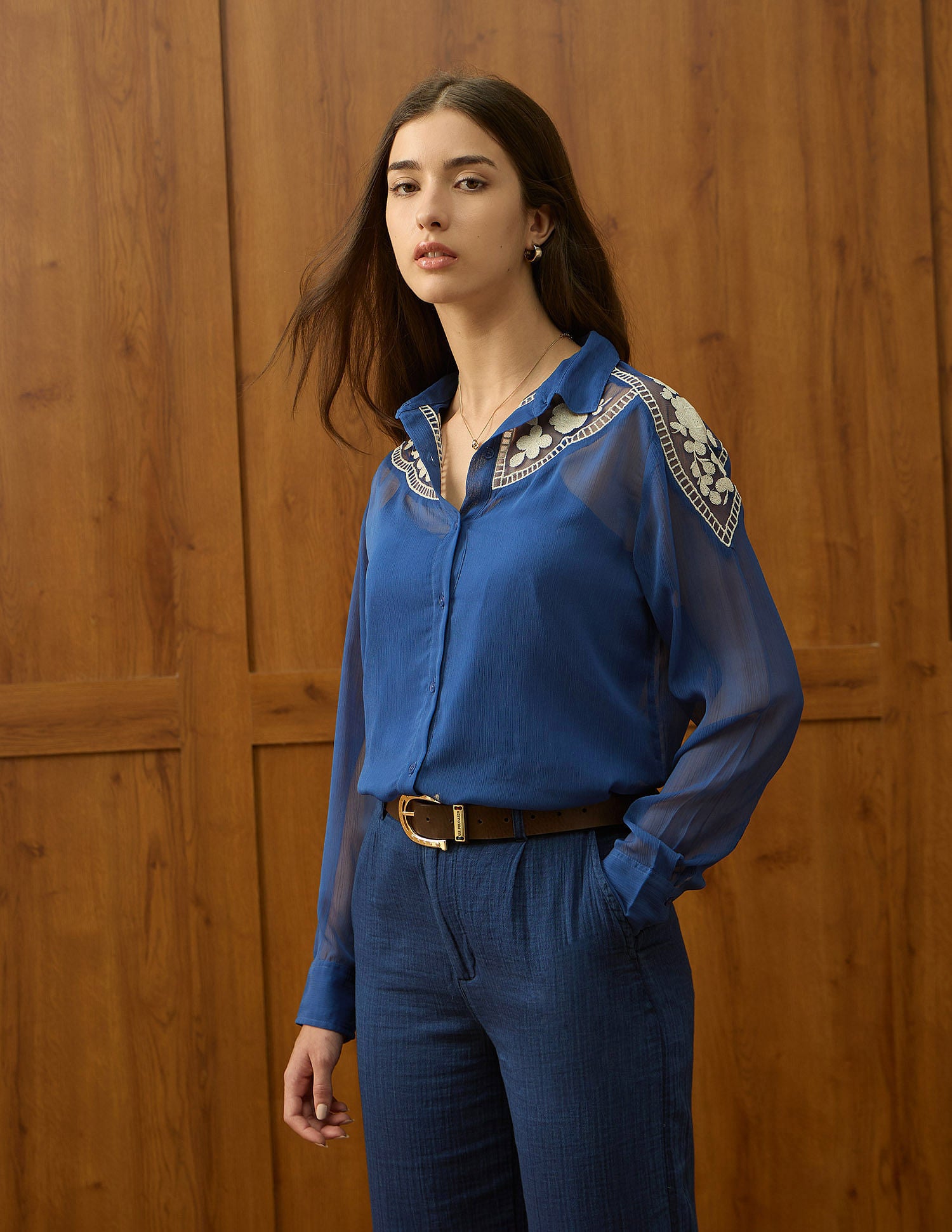 Chiffon Sheer Floral Embroidered Shirt Blue - U.S. Polo Assn. India | Large