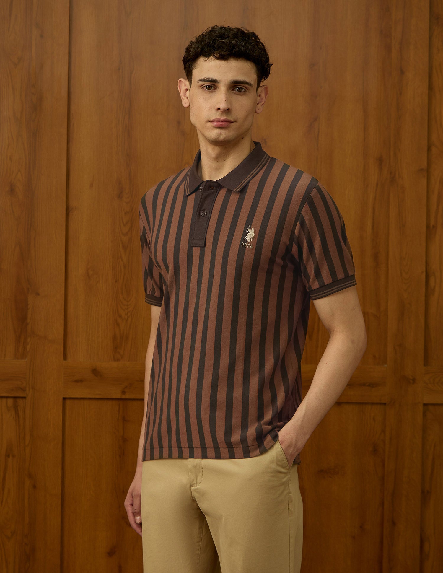 Vertical Striped Varsity Polo Shirt Dark Brown - U.S. POLO ASSN. | Large