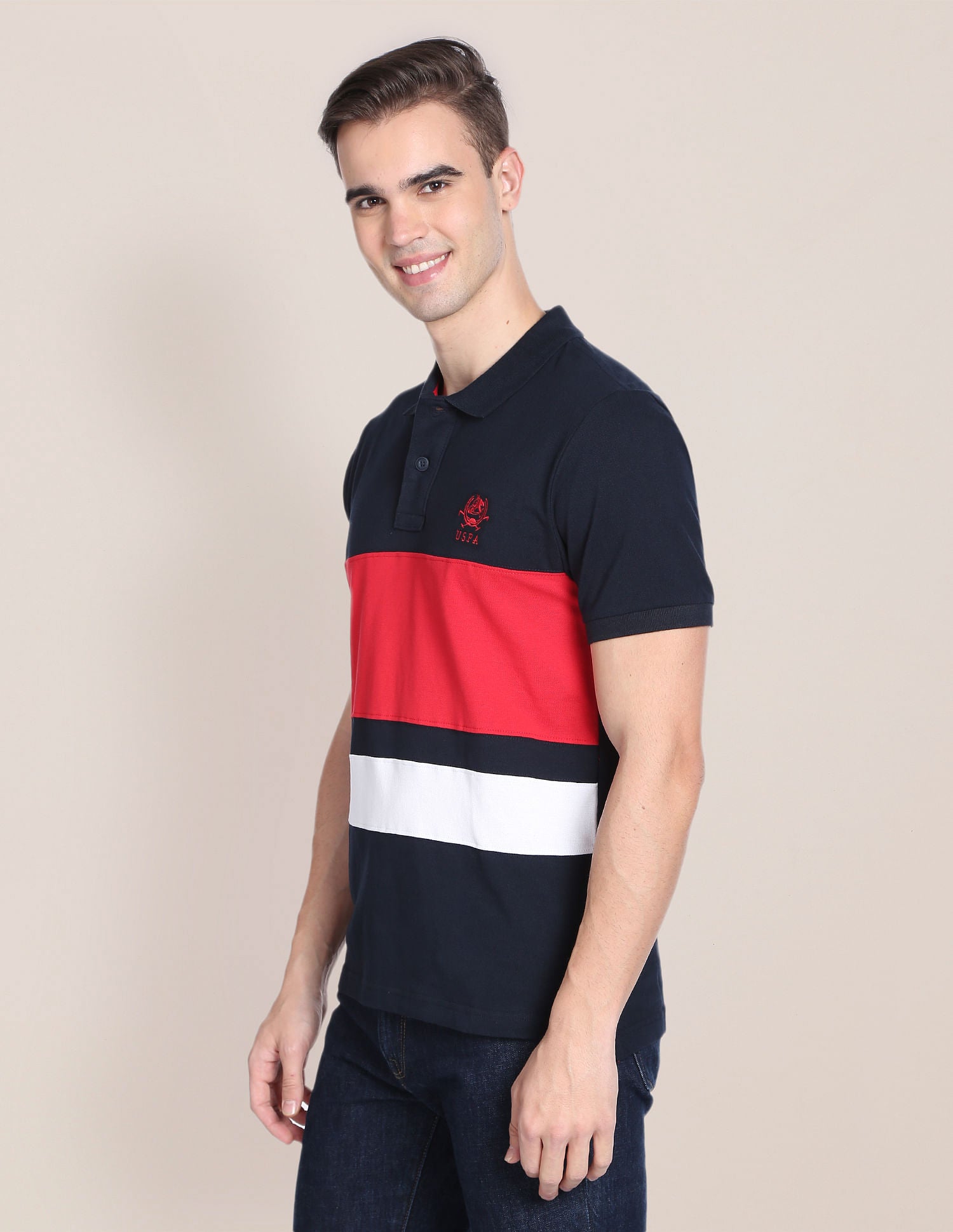 Colour Block Cotton Polo Shirt Navy - U.S. Polo Assn. India | Large